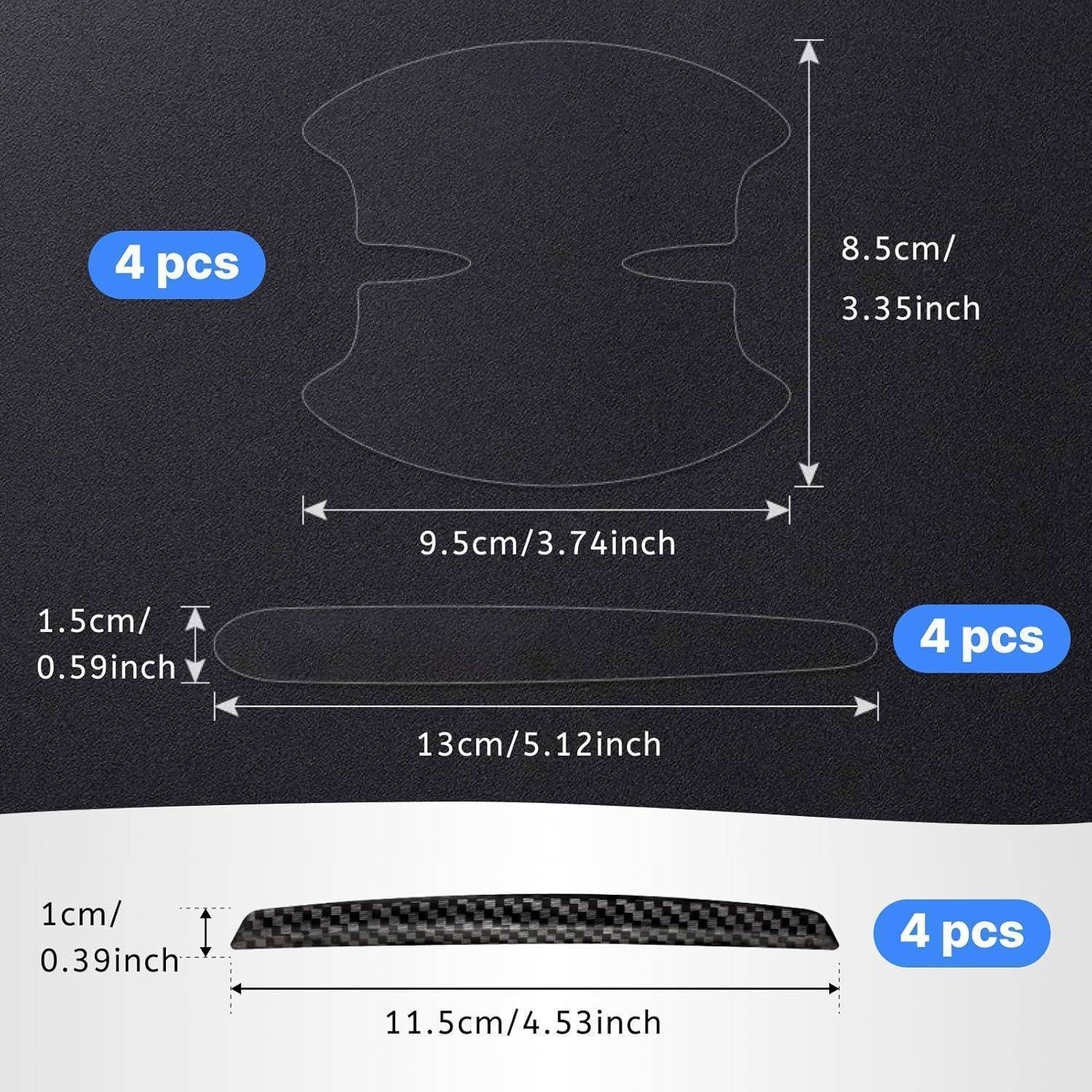 Produktdimensionsdiagramm mit drei schwarzen Teilen, jedes mit der Bezeichnung „4 Stk.