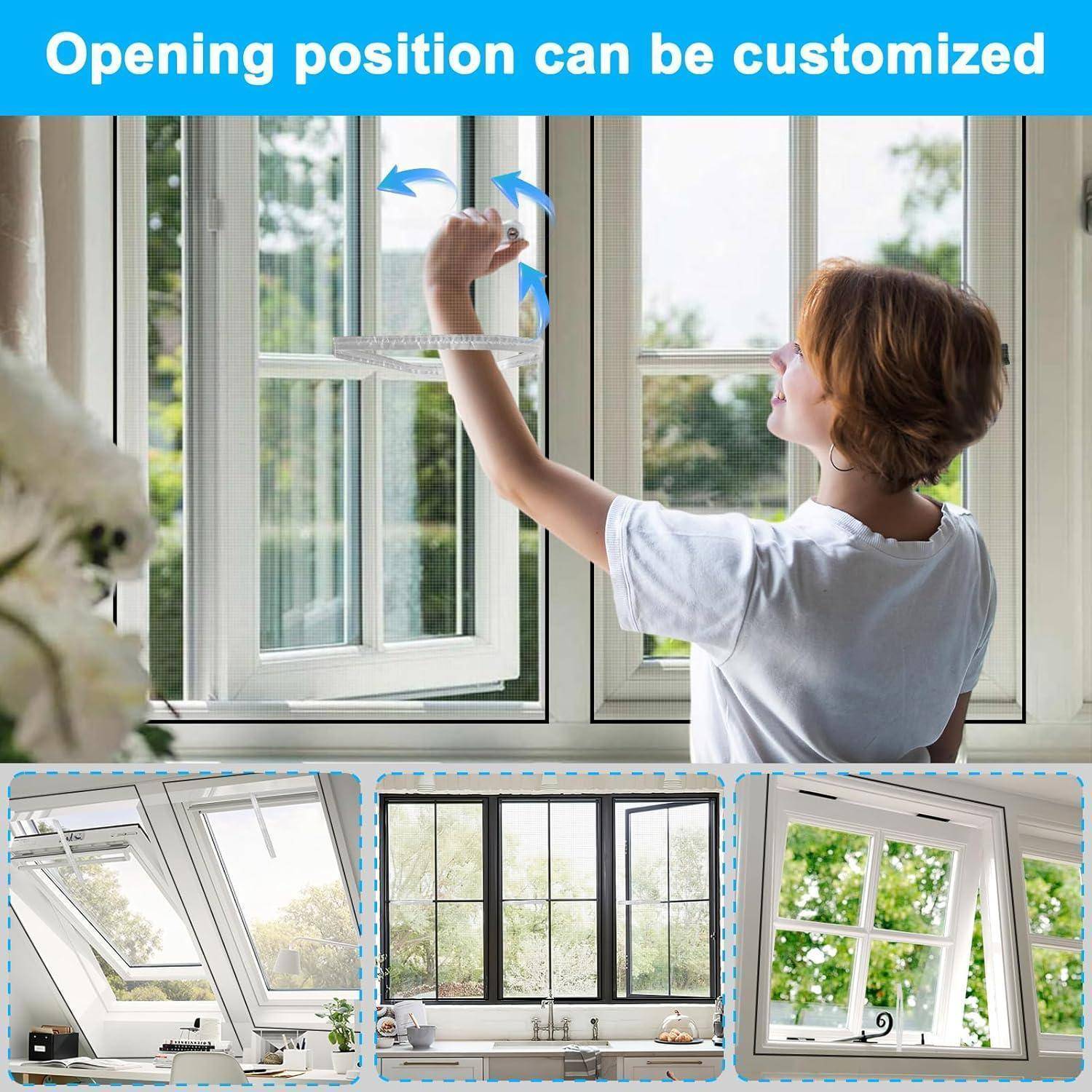 Grafik mit einem Kind, das ein Fenster öffnet, mit Pfeilen und dem Text „Öffnungsposition kann angepasst werden", plus drei kleinere Bilder verschiedener Fensteröffnungspositionen.