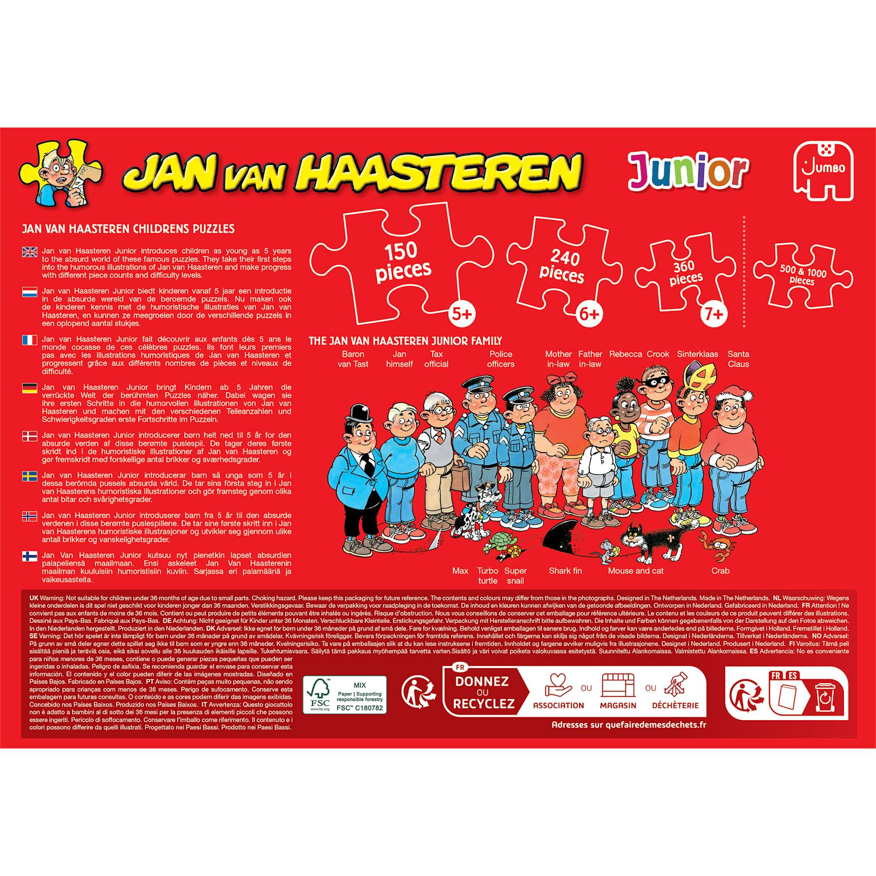 Rückseite der Jan van Haasteren Junior Puzzle-Schachtel mit Puzzlegrößen von 150, 240, 360 und 500 Teilen, ab 5 Jahren, mit Cartoon-Familienillustration und mehrsprachigem Text.
