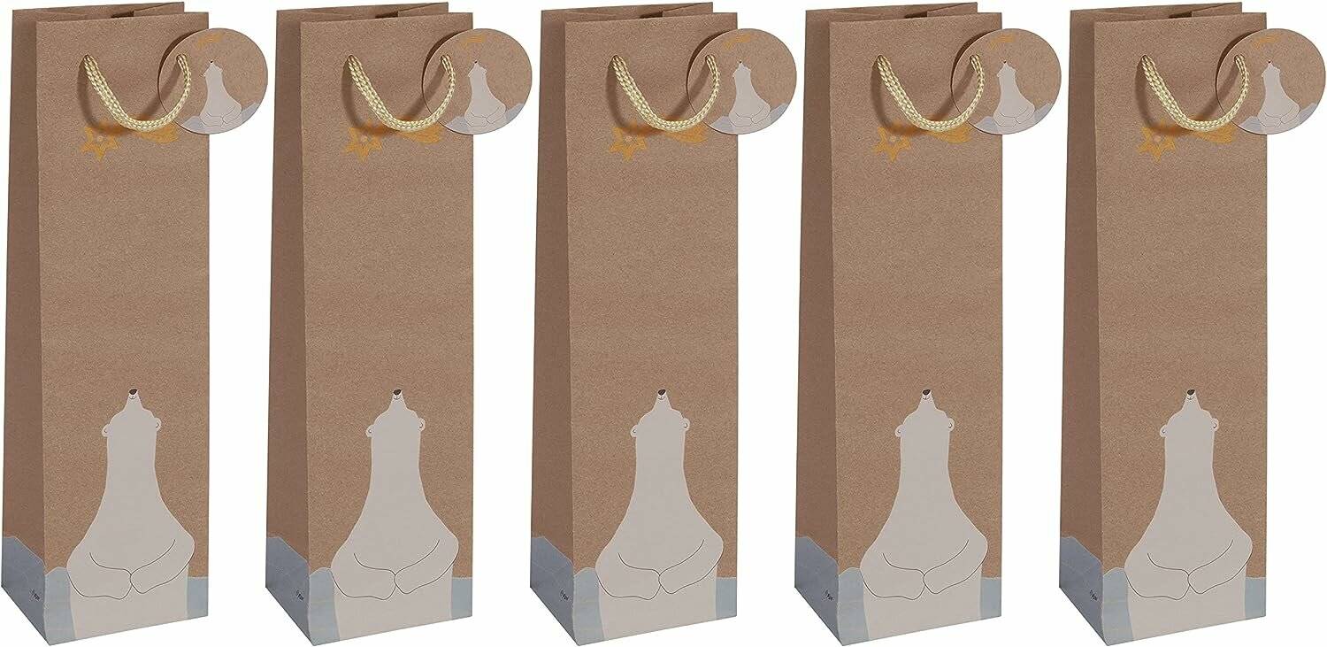 Fünf hohe braune Papiertüten mit Seilgriffen und weißer dekorativer Flaschensilhouette in der Nähe des unteren Endes, nebeneinander angeordnet.