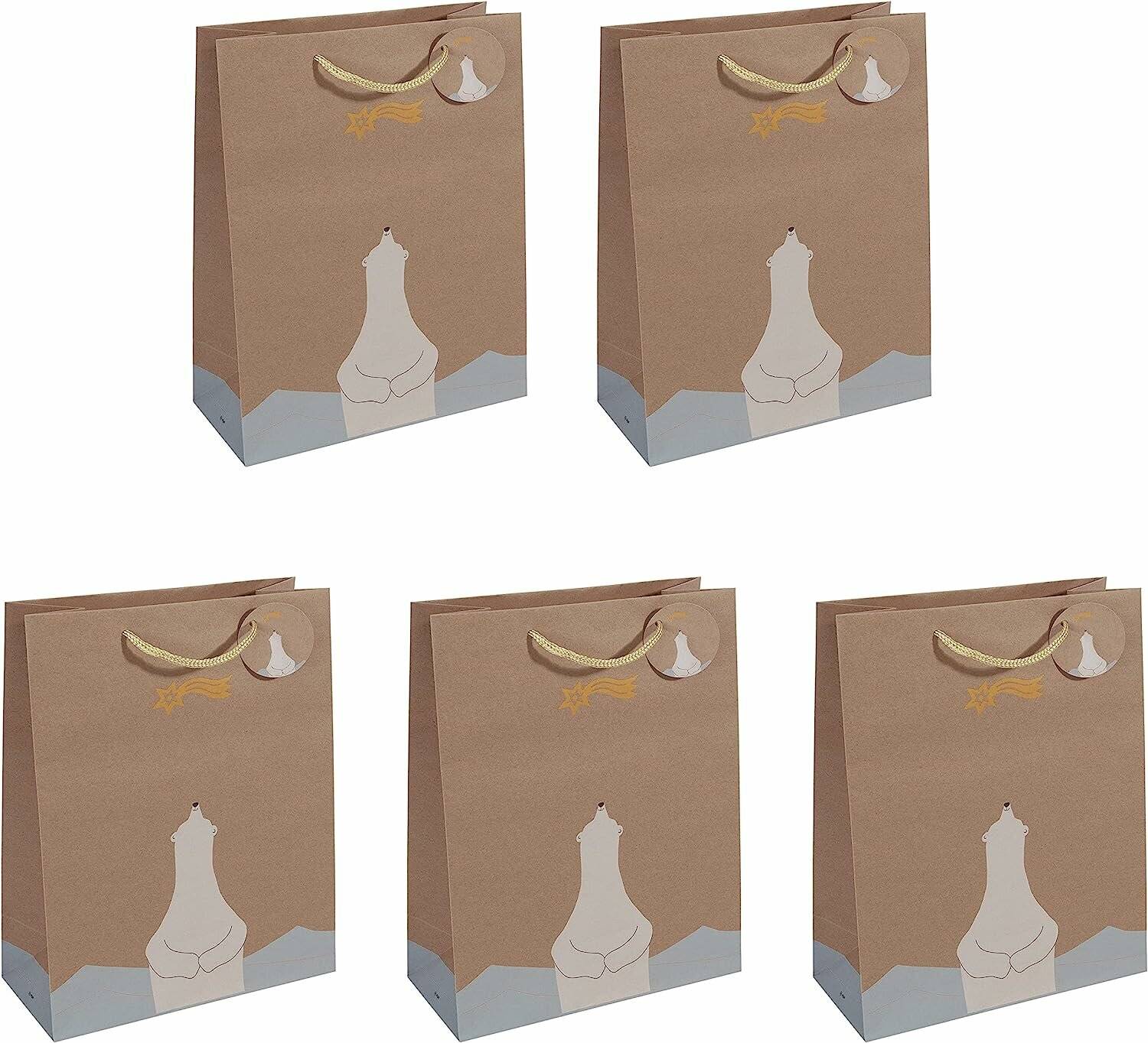 Fünf braune Geschenktüten mit Seilgriffen und weißen Hundeabbildungen auf weißem Hintergrund angezeigt.