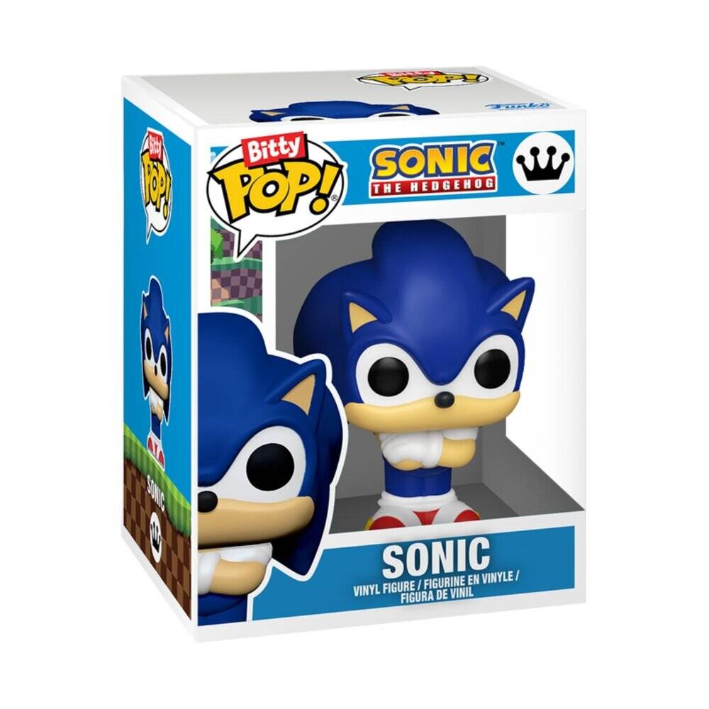 Verpackte Bitty Pop! Sonic der Igel Vinyl-Figur, die Sonic in der Verpackung mit Markengrafiken und 