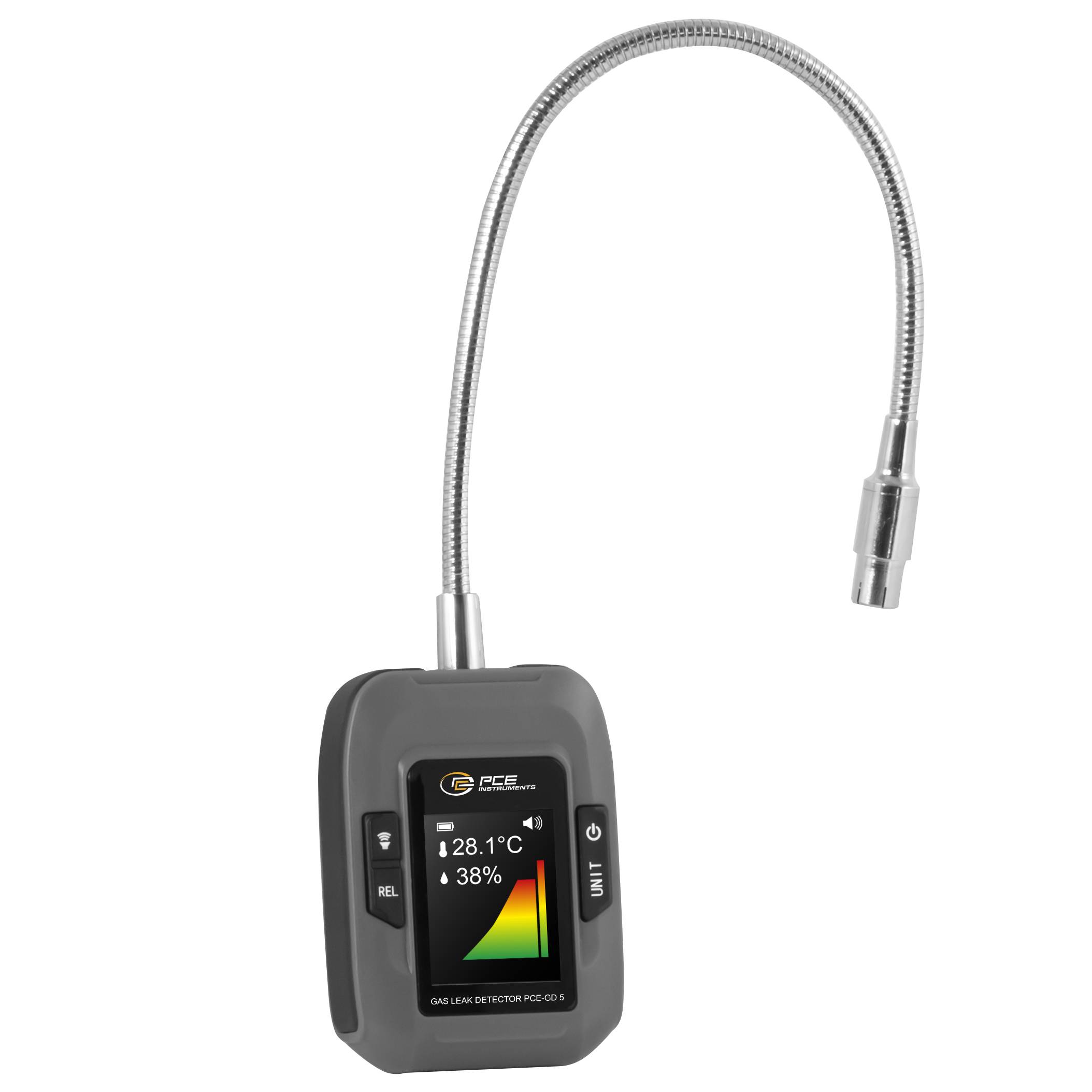 Tragbarer Gasleckdetektor mit flexibler Sonde, zeigt auf einem Farbbildschirm eine Anzeige von 28,1°C und 38% an.