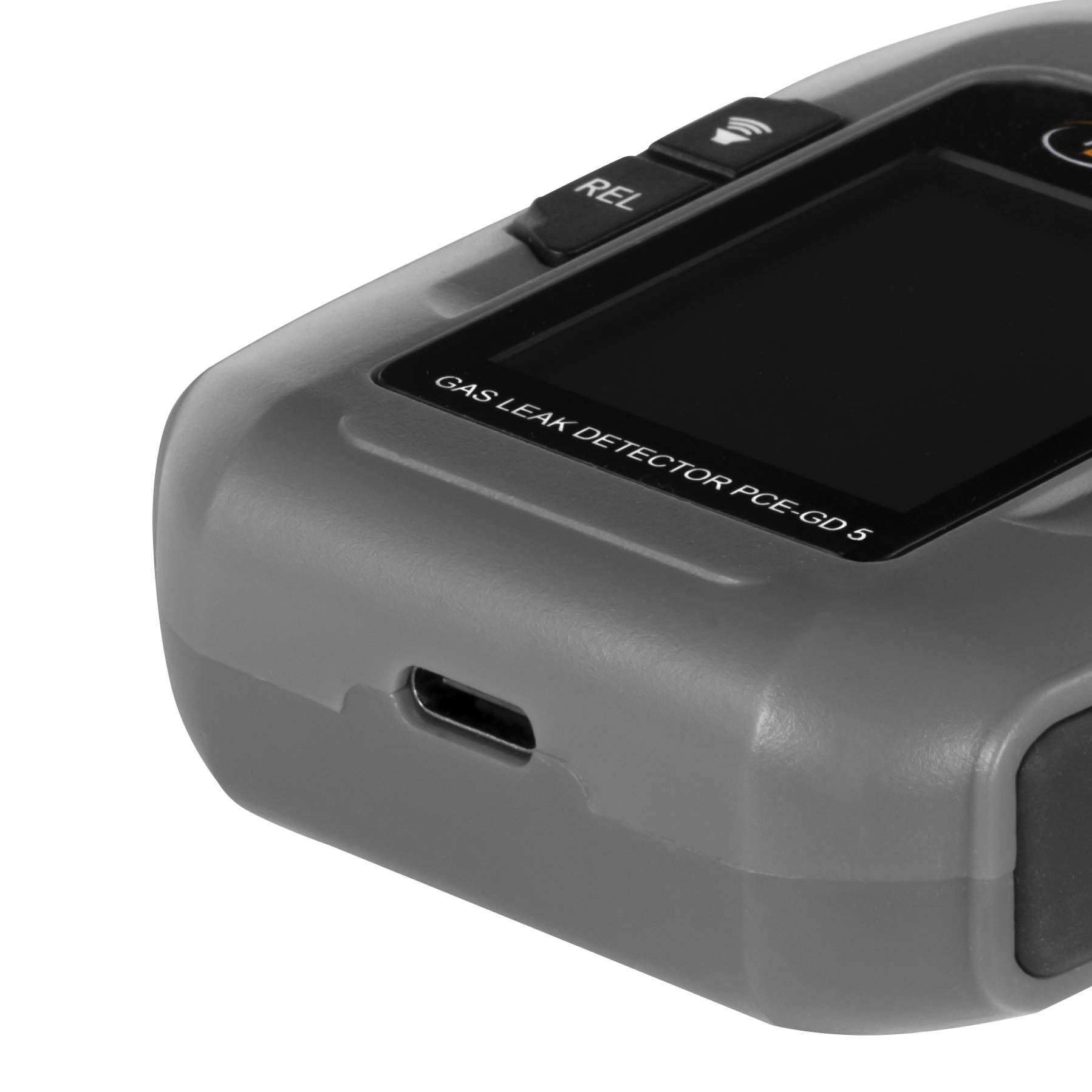 Nahaufnahme eines tragbaren Gasleckdetektors mit einem Display mit der Bezeichnung „GAS LEAK DETECTOR PCE-GD 5