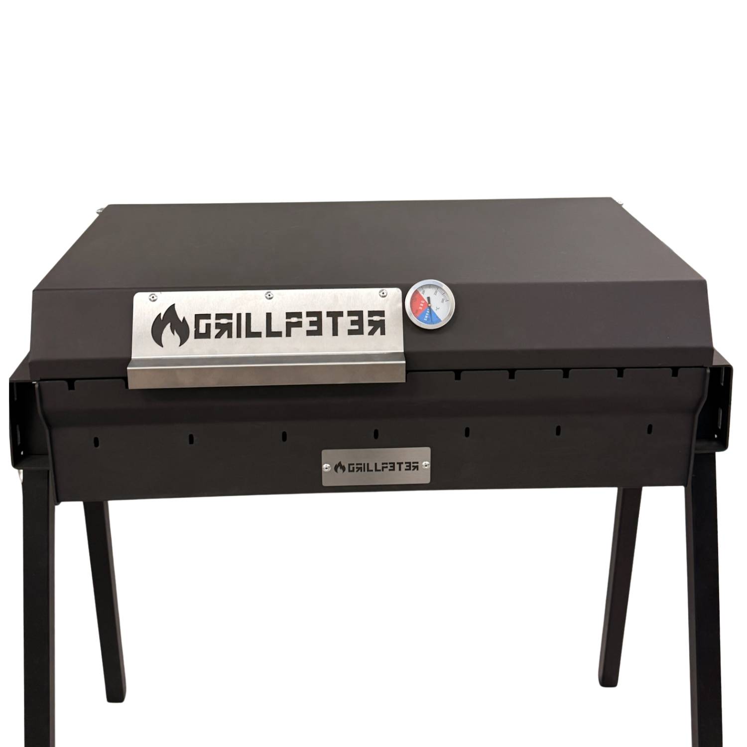 Schwarzer GrillFetzer Holzkohlegrill mit Deckel, Thermometer und zwei vorderen Beinen auf weißem Hintergrund.