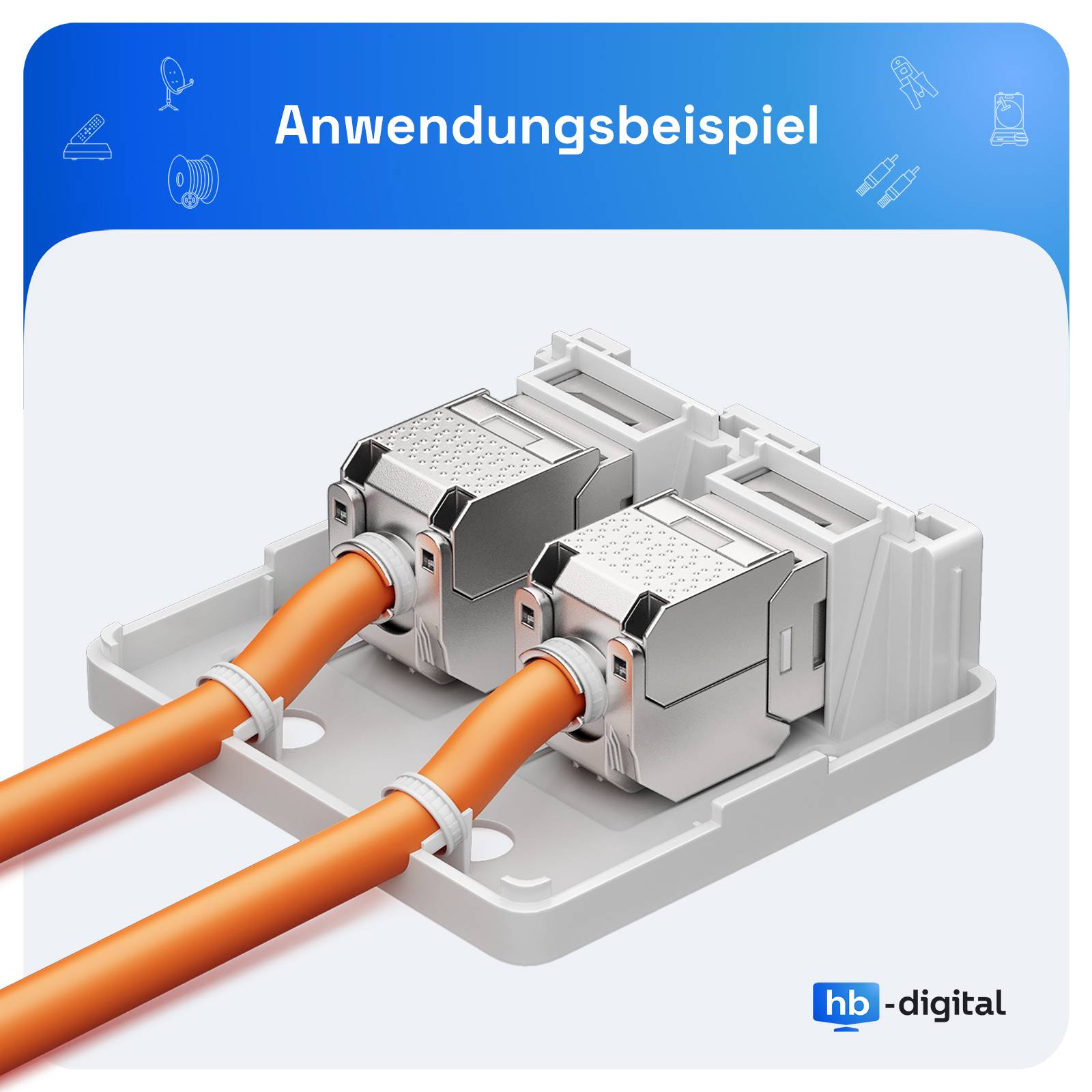 3D-Darstellung von zwei Ethernet-Kabeln, die in eine Wandnetzwerksteckdose eingesteckt sind, mit der Bezeichnung „Anwendungsbeispiel