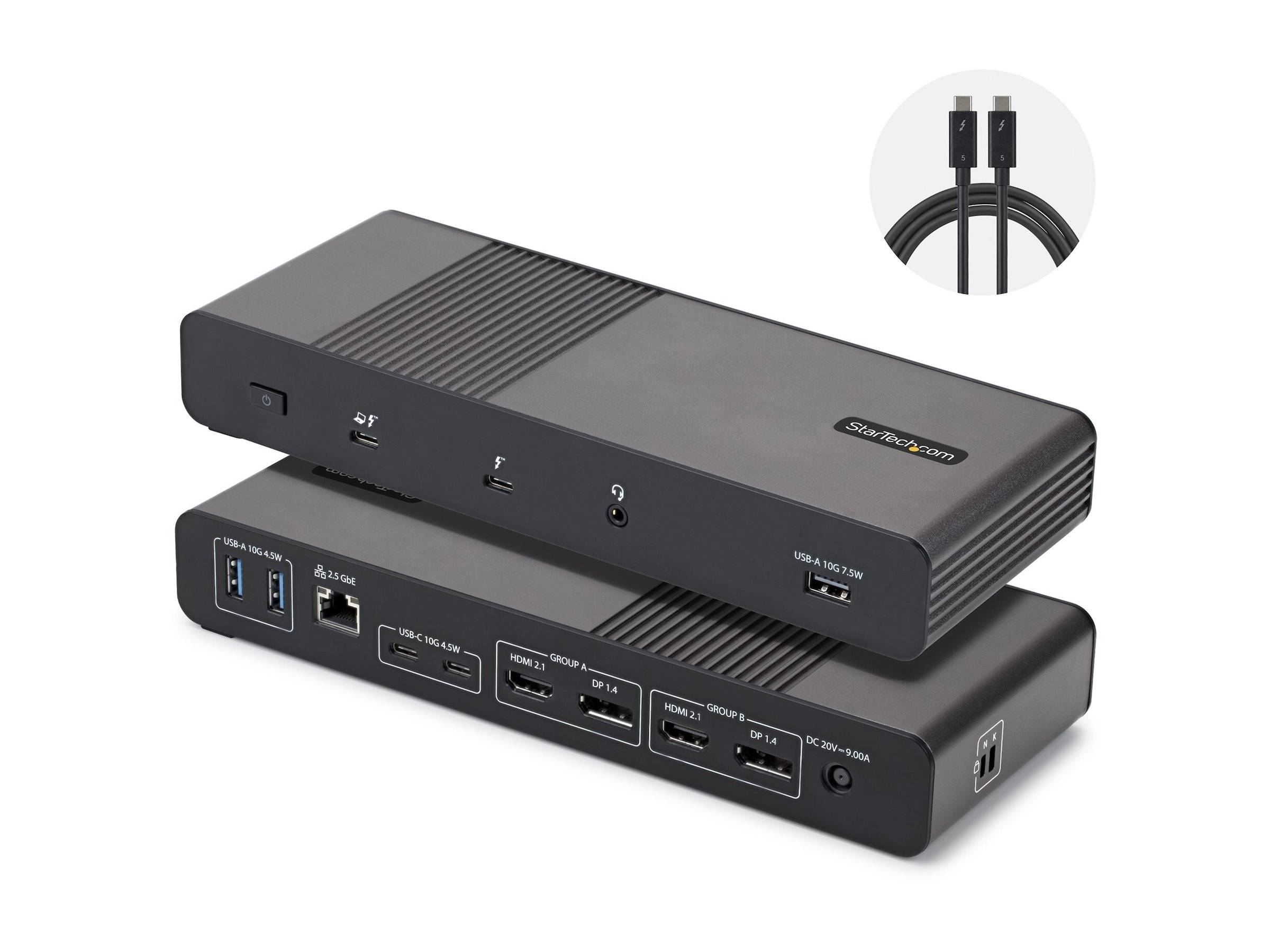 Gestapelte Dockingstationen mit mehreren vorderen und hinteren Anschlüssen, einschließlich USB, Ethernet, HDMI und Stromverbindungen, plus eine kleine Vergrößerung mit zwei Kabelenden.