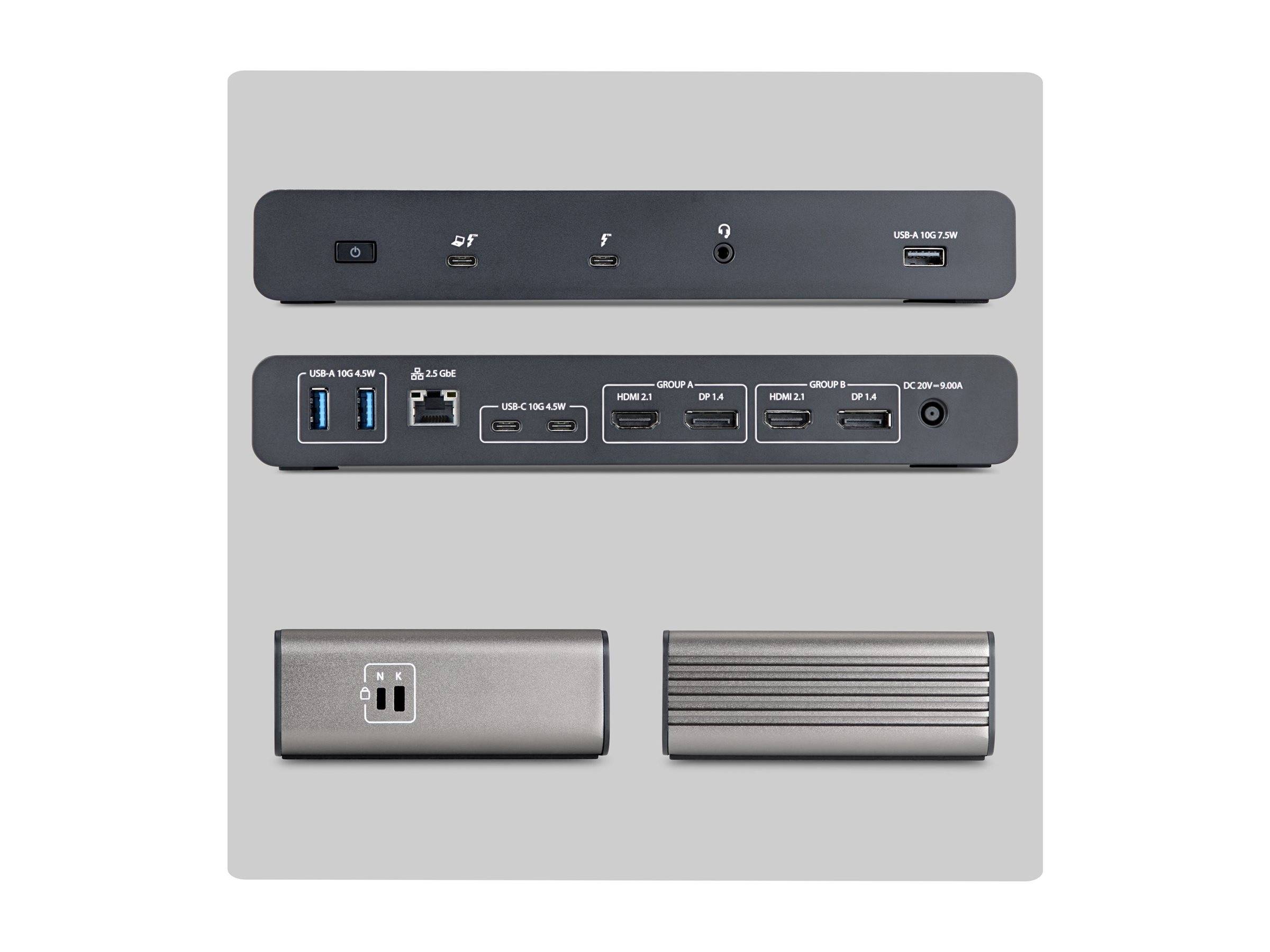 Produktbild einer Dockingstation mit Vorder- und Rückseite, die Stromversorgung, USB, Ethernet, Audio und Dual-Monitor-Anschlüsse zeigt, plus zwei strukturierte Seitenansichten.