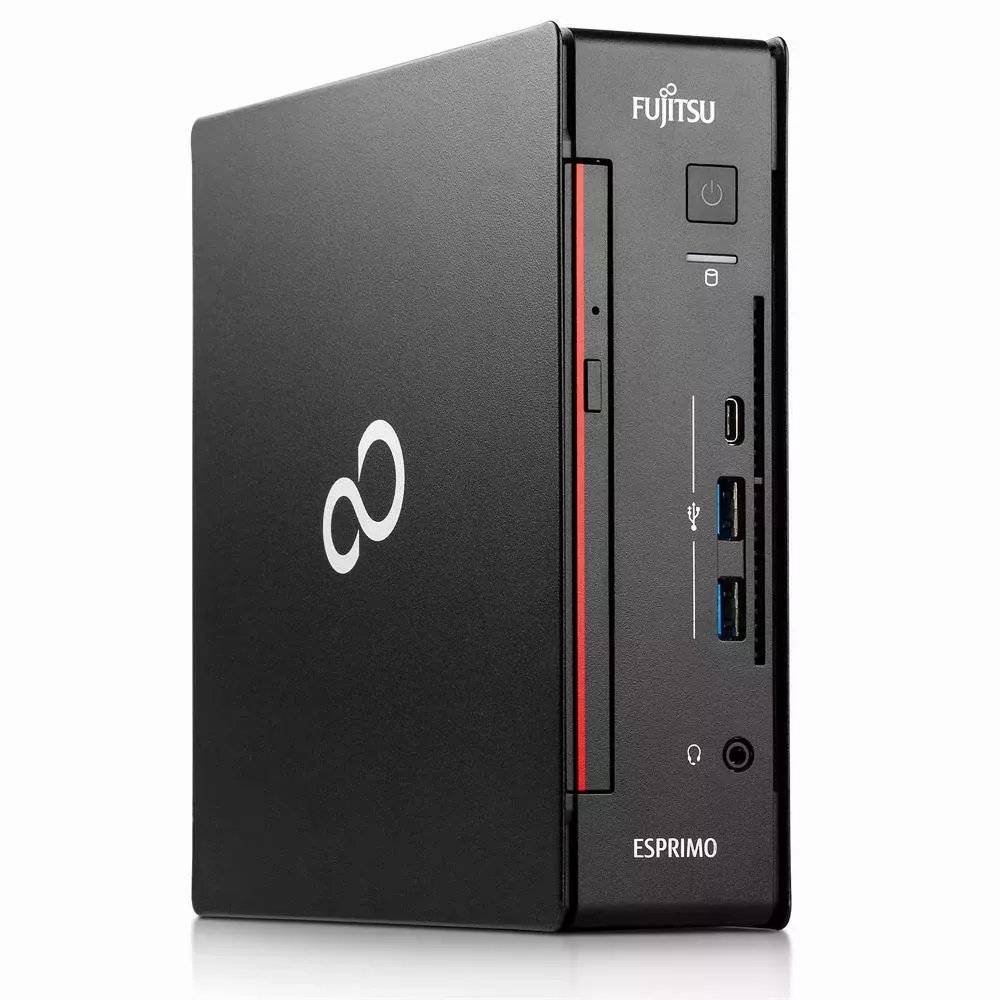 Schwarzer Fujitsu ESPRIMO Mini-Desktop-Computer-Turm von vorne rechts gezeigt, mit sichtbarem Netzschalter, USB-Anschlüssen und Kopfhörerbuchse.