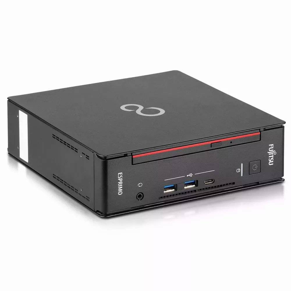 Kompakter schwarzer Fujitsu Esprimo Desktop-Mini-PC von vorne links gezeigt, mit USB-Anschlüssen, Ein-/Aus-Schalter und rotem Akzentstreifen.