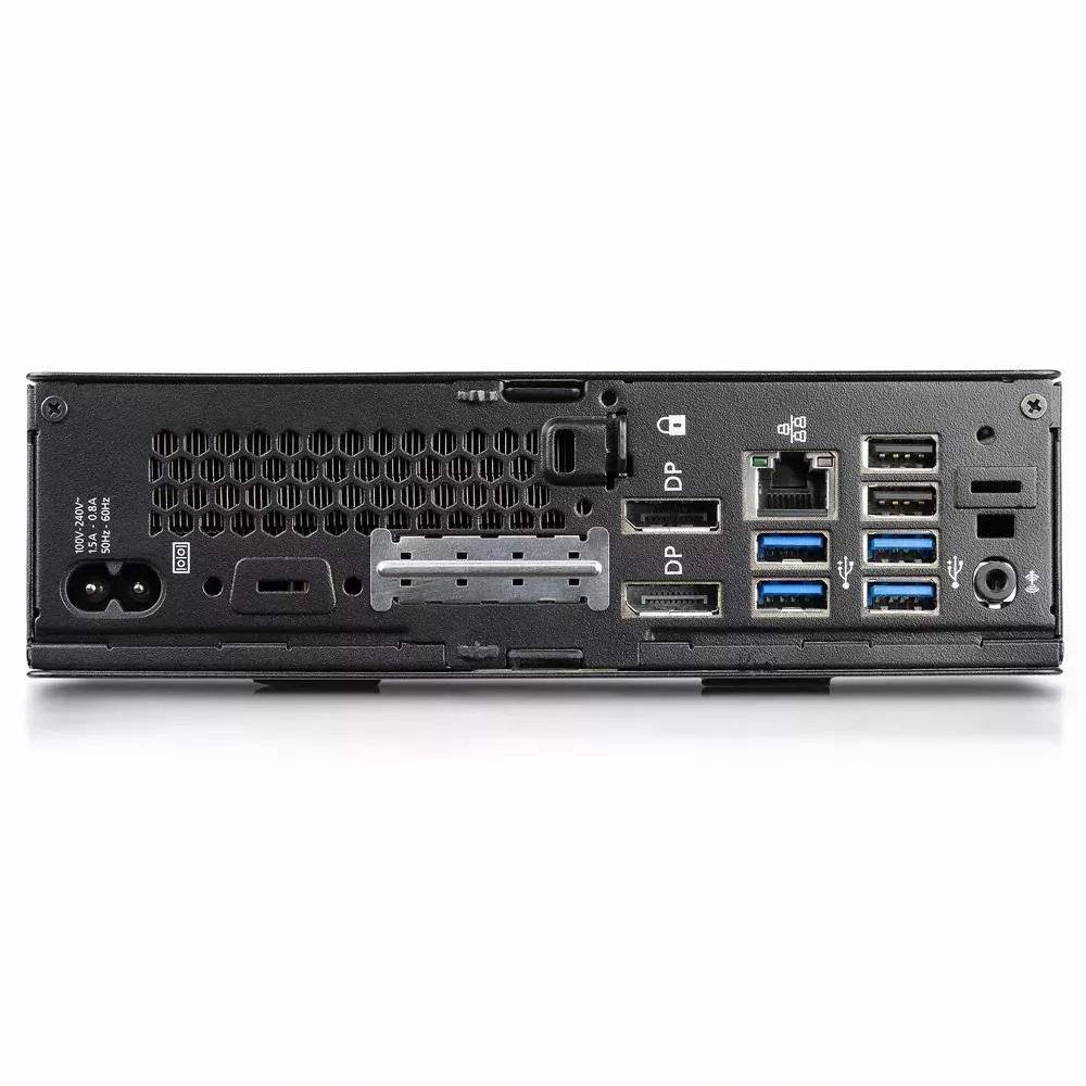 Rückseite eines Desktop-PCs mit Stromeingangsbuchse, Belüftungsöffnungen, DisplayPort- und USB-Anschlüssen, Ethernet- und Audiobuchsenverbindungen