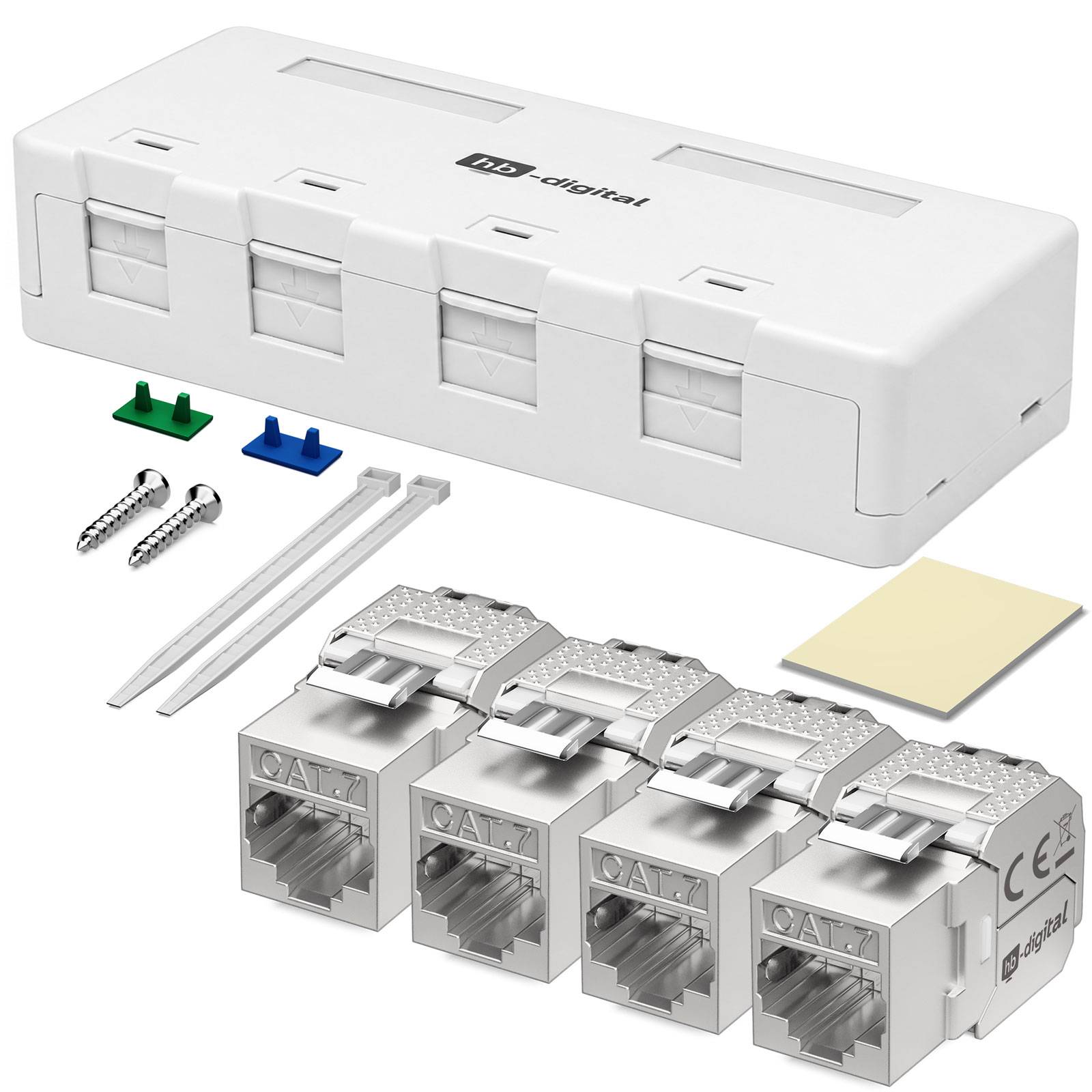 Weiße Wandmontage-Netzwerk-Patchpanel-Set mit vier Cat-7-RJ45-Keystone-Buchsen, Montagezubehör, Kabelbindern, Etiketten und Auflegwerkzeug.