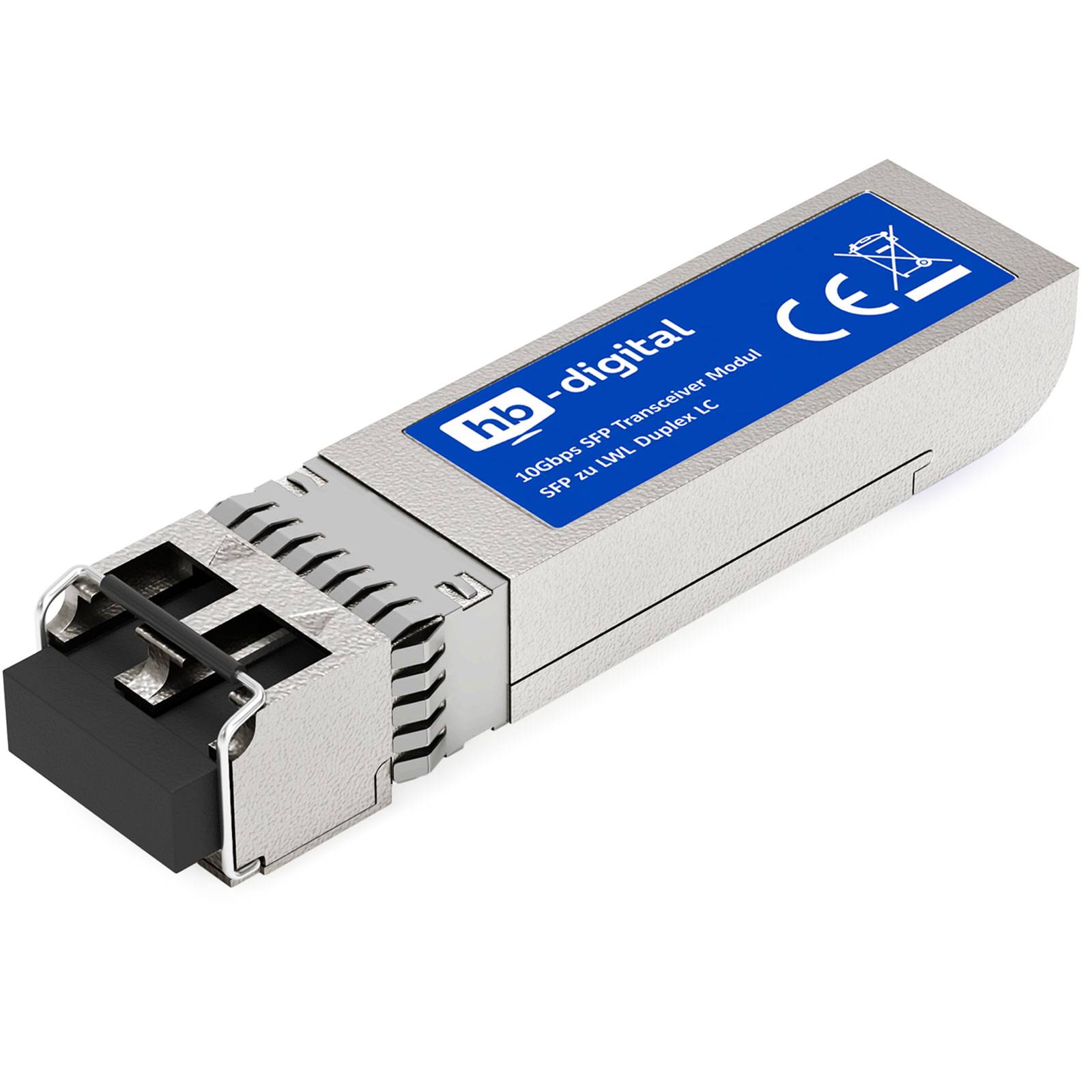Ein Metall-SFP-Transceiver-Modul mit schwarzem Stecker und blauem Etikett, dargestellt auf weißem Hintergrund.