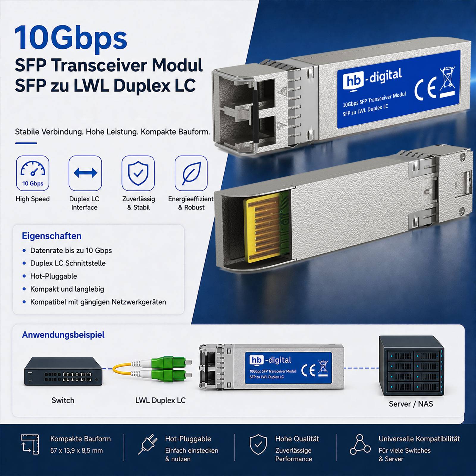 10-Gbps-SFP-Transceiver-Modul für LWL-Duplex-LC, in Nahaufnahme mit wichtigsten Spezifikationen: 10 Gbps, Hot-Pluggable, kompakt, zuverlässig, energieeffizient, kompatibel mit Switches und Servern/NAS.