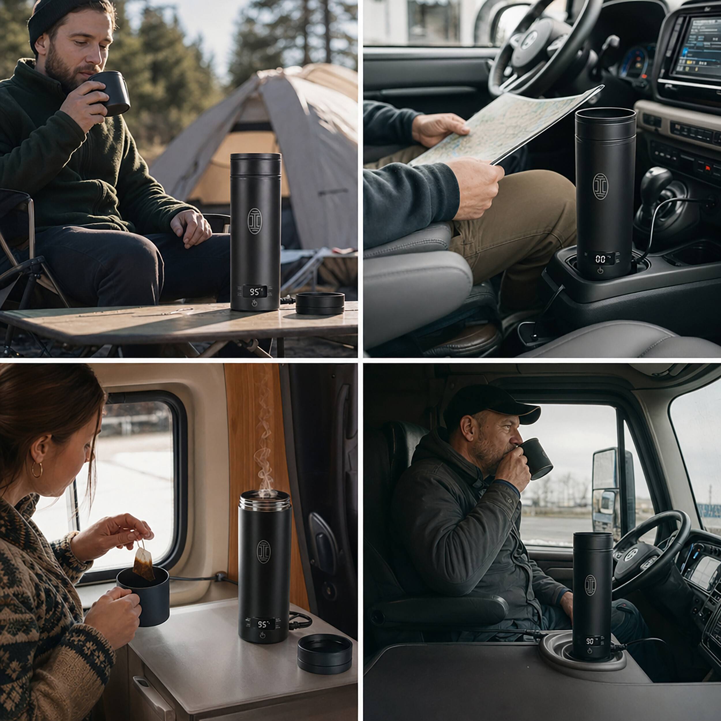 Collage einer schwarzen Reisestasse/Thermoskanne in Benutzung im Freien, im Auto und in einem Wohnmobil, zeigt die Zubereitung eines heißen Getränks und Tragbarkeit.
