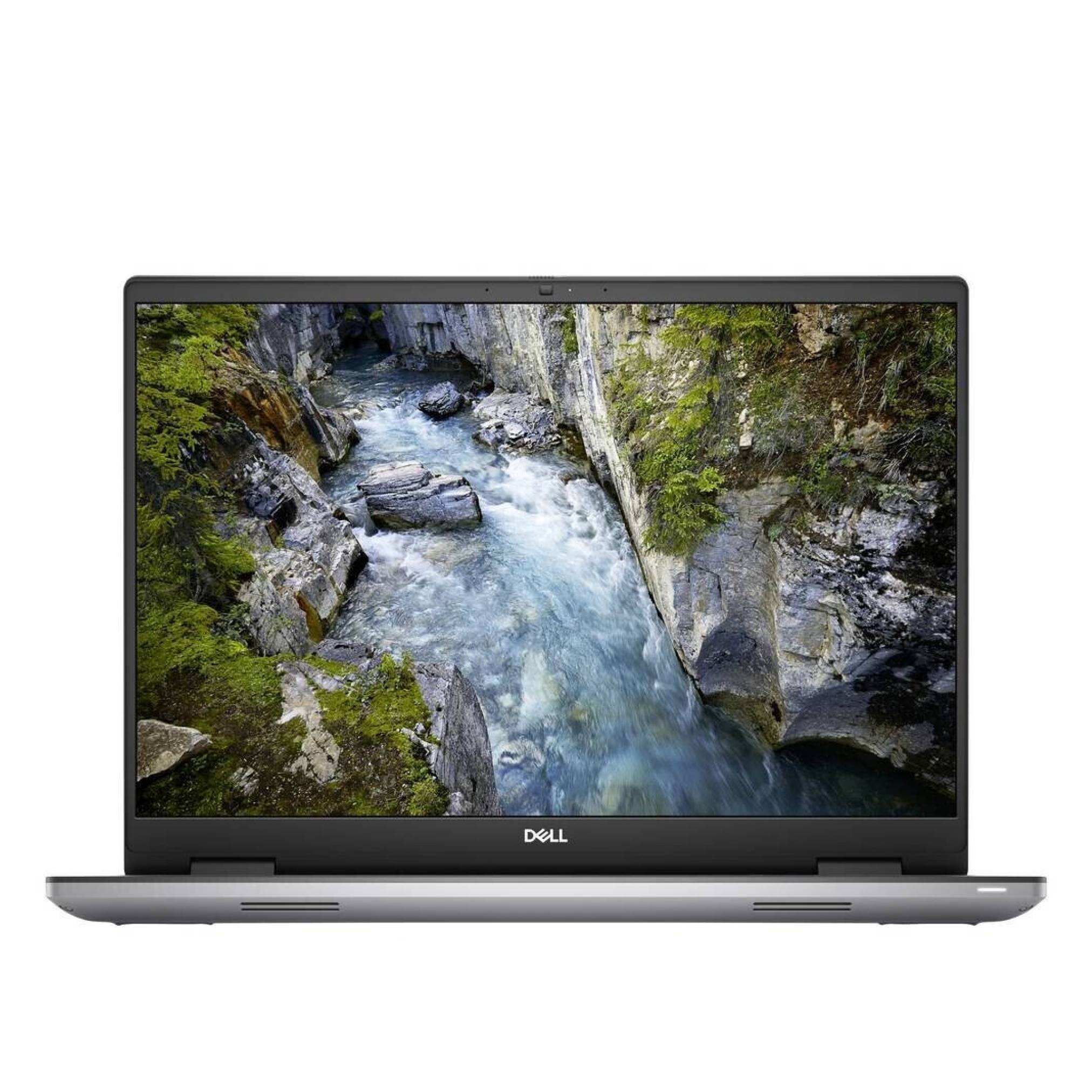 Dell-Laptop, geöffnet mit einem Foto einer Flussschlucht auf dem Bildschirm.