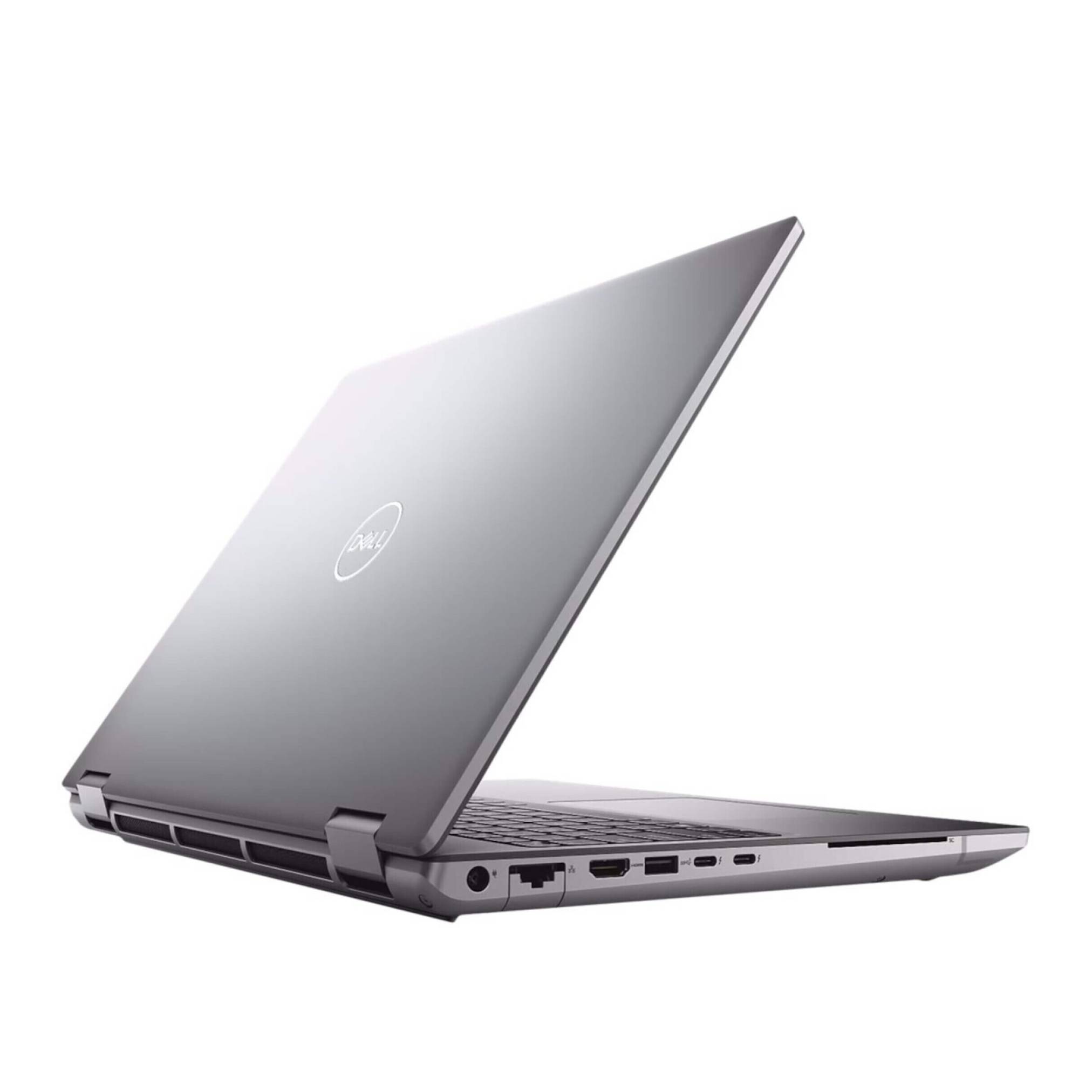 Geöffneter Dell-Laptop in schräger Perspektive, der das schlanke Design und die Seitenports auf weißem Hintergrund hervorhebt.