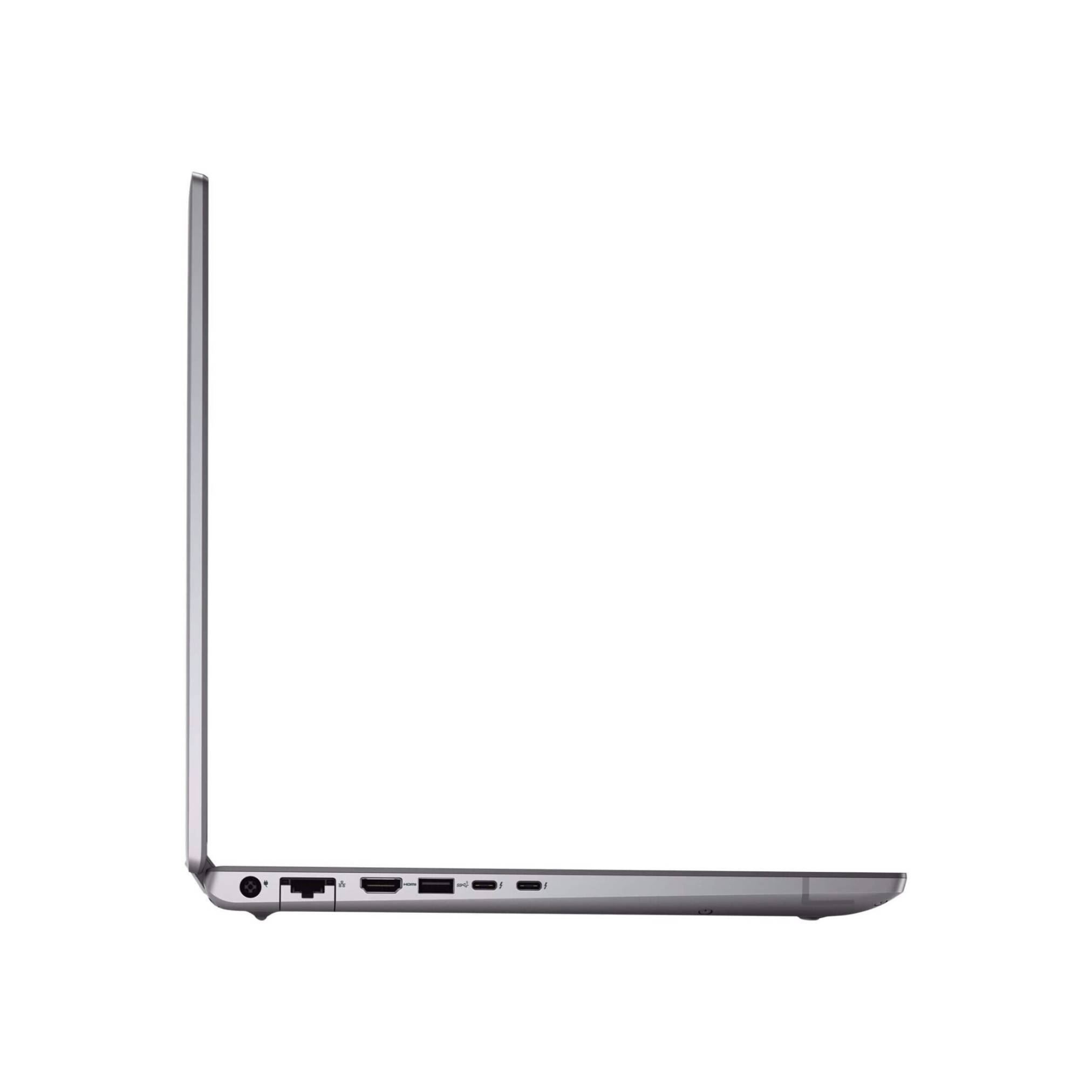 Seitenansicht eines offenen silbernen Laptops, die das schlanke Profil und die Anschlüsse auf der linken Seite auf weißem Hintergrund zeigt.