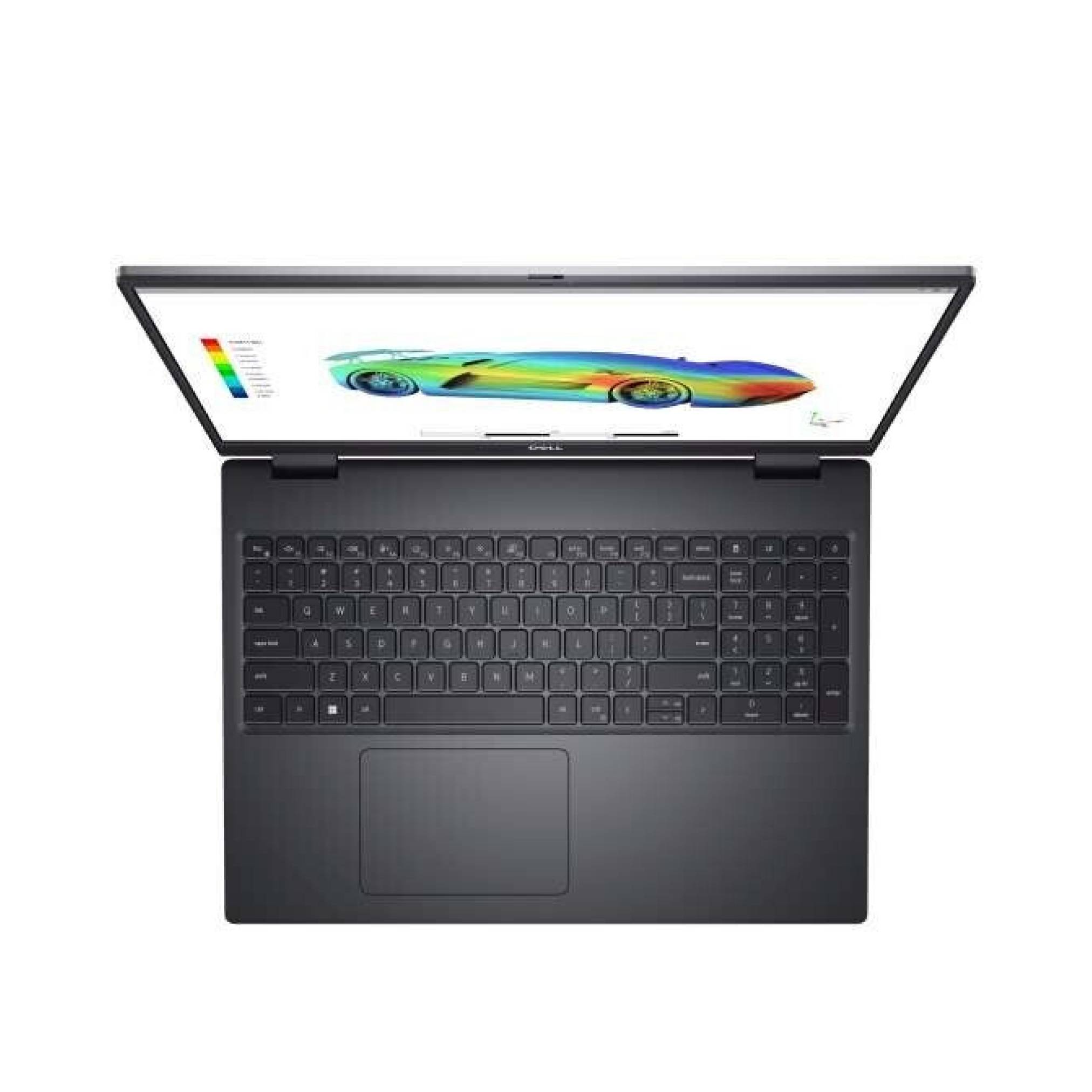 Draufsicht auf einen geöffneten Laptop mit einem Regenbogenfarben-Sportwagendesign auf dem Bildschirm vor weißem Hintergrund.