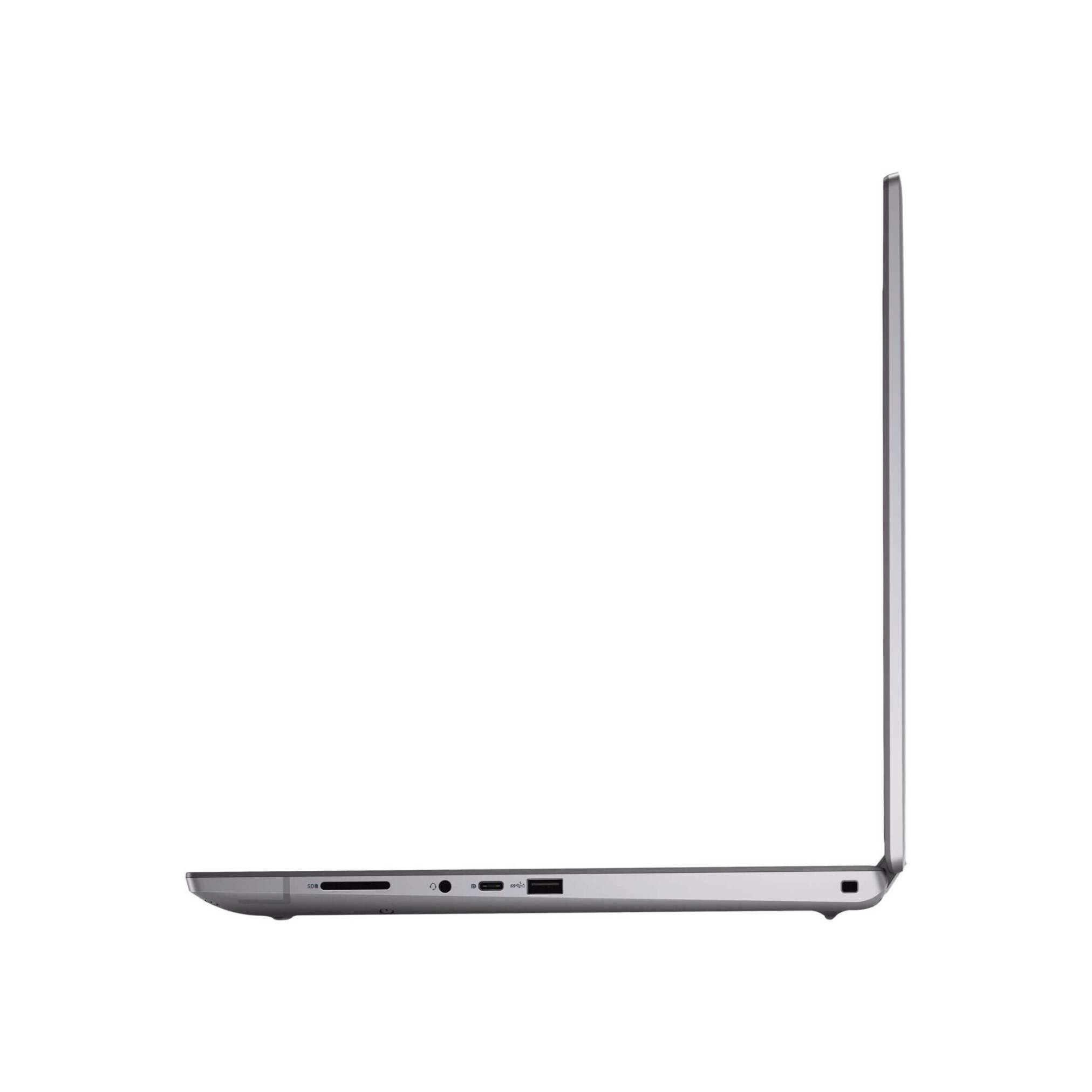Seitenansicht eines offenen silbernen Laptops, das sein dünnes Profil und die sichtbaren Anschlüsse an der linken Kante zeigt.