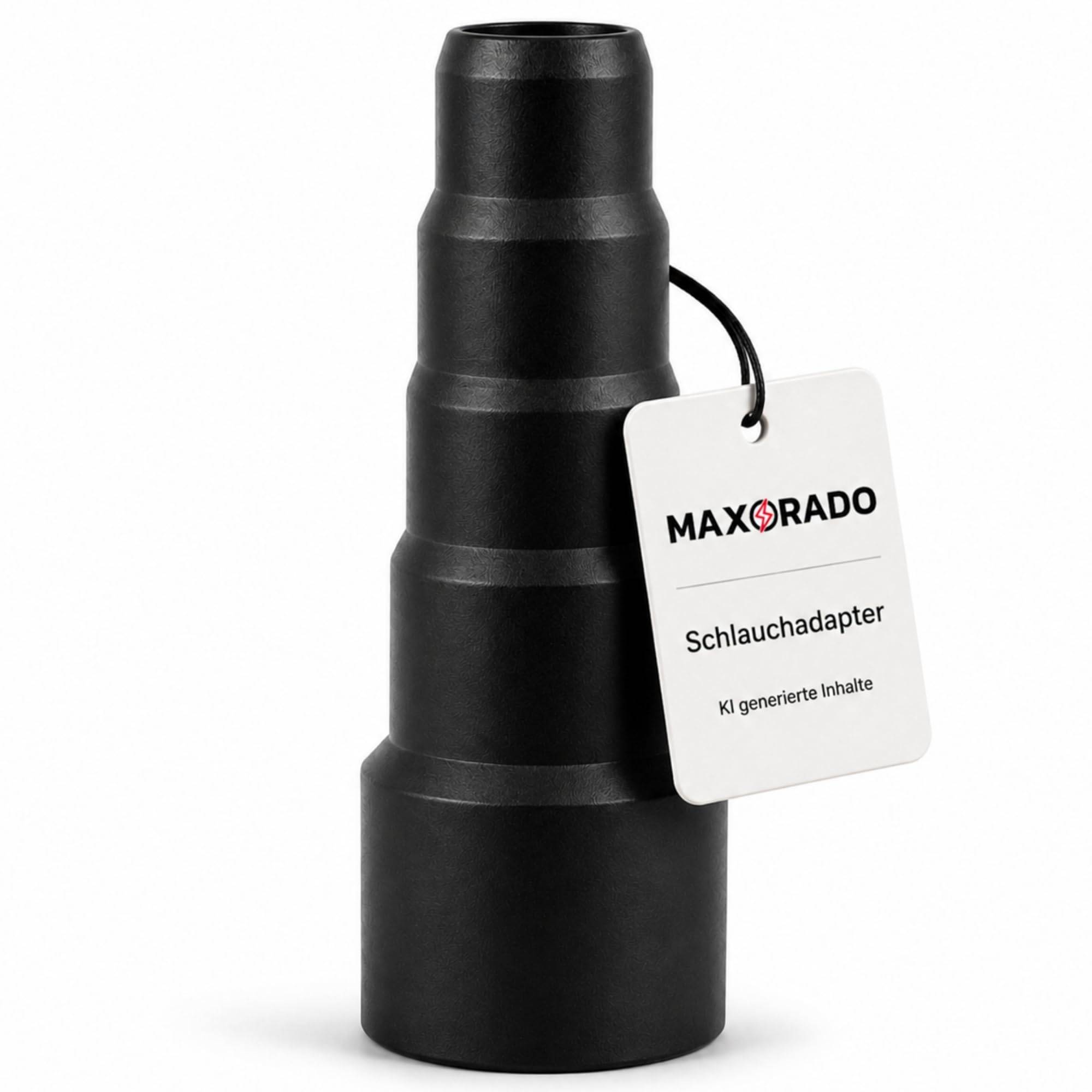 Schwarzer Schlauchverbinder mit angehängtem MAXRADO-Etikett mit der Aufschrift „Schlauchadapter