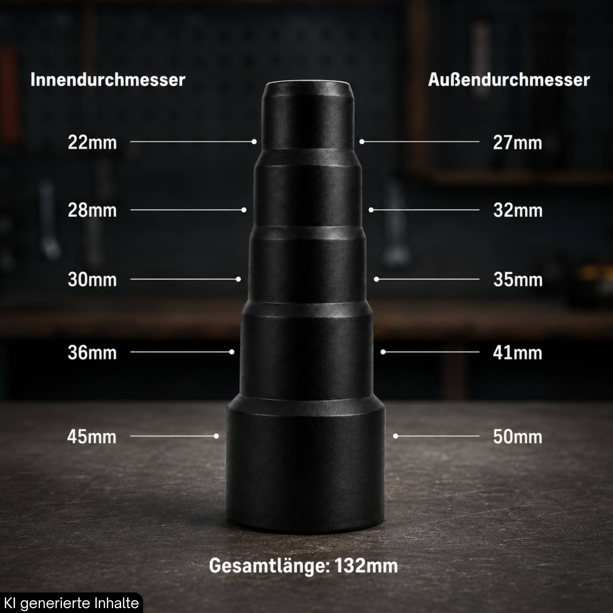 Diagramm eines gestuften schwarzen Adapters mit Innen- und Außendurchmessern: 22/27 mm, 28/32 mm, 30/35 mm, 36/41 mm, 45/50 mm, Gesamtlänge 132 mm.