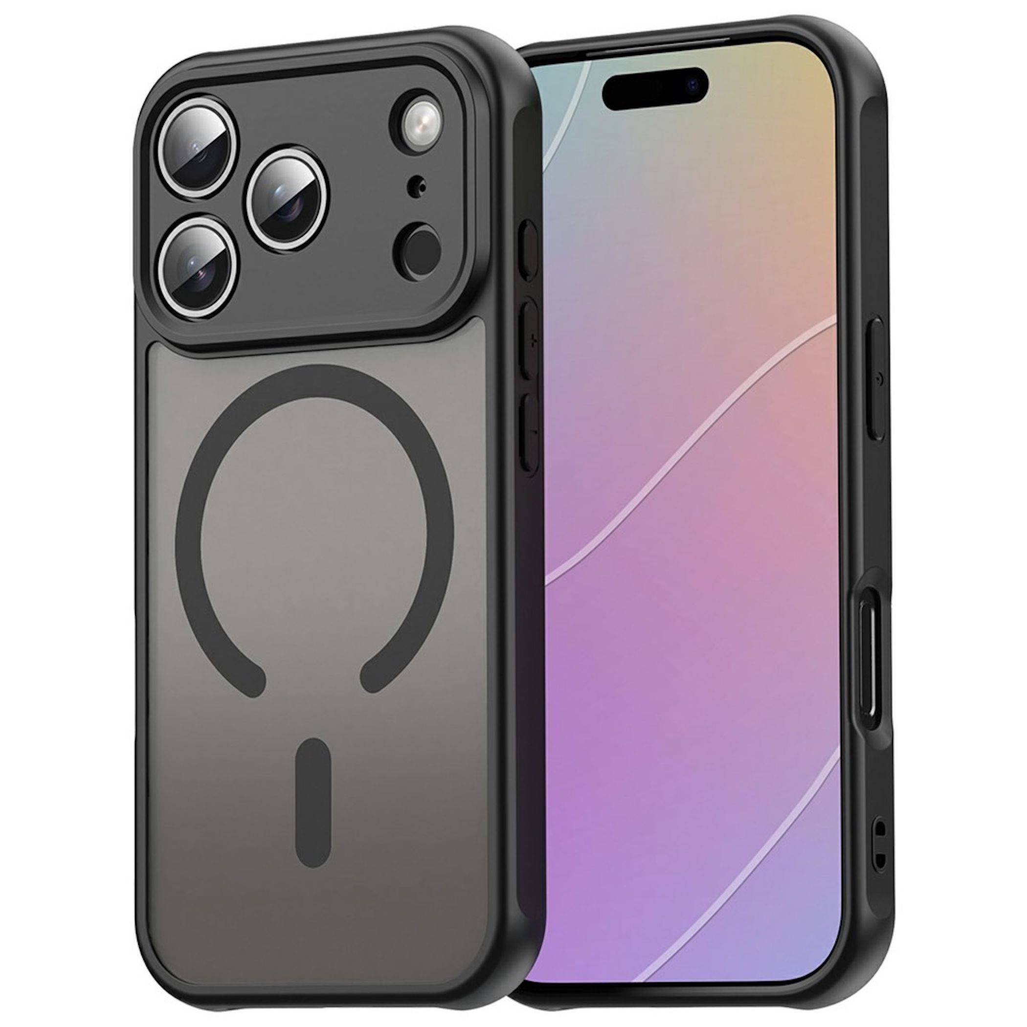Zwei Smartphones zeigen die Vorder- und Rückseite einer Handyhülle mit einem großen MagSafe-Ladering auf der Rückseite.