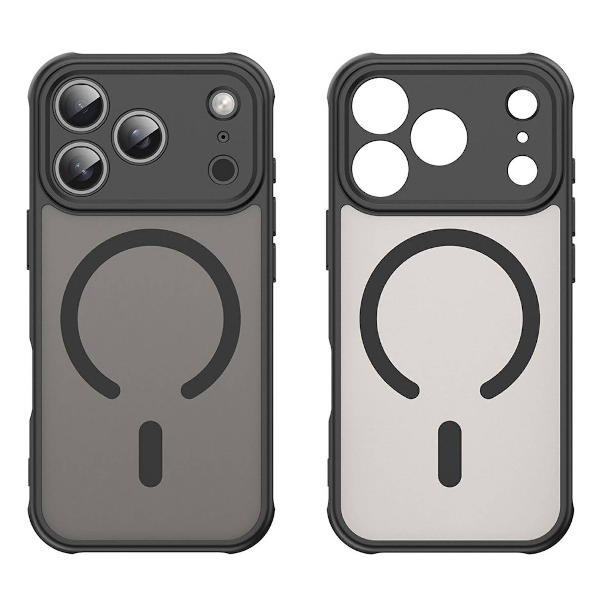 Zwei Smartphone-Schutzhüllen nebeneinander, eine dunkle und eine helle, jede mit großen kreisförmigen Kameraausschnitten und einem MagSafe-ähnlichen Ring auf der Rückseite.