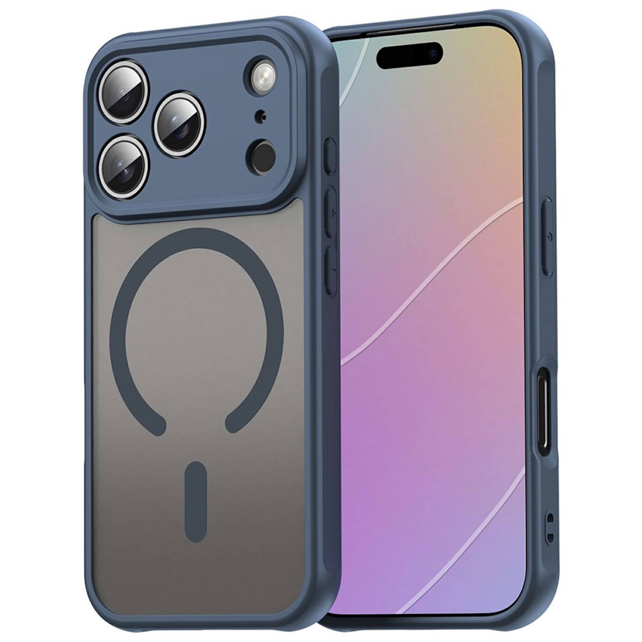Zwei blaue Smartphone-Hüllen, von vorne und von hinten gezeigt; die Rückseite hat einen großen kreisförmigen Ring im MagSafe-Stil und Ausschnitte für drei Kameras und Blitz.