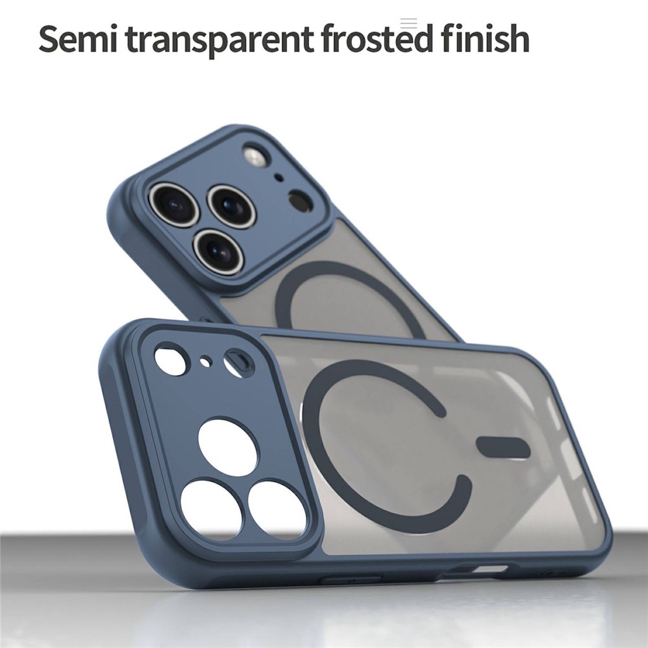 Zwei blaue Smartphone-Hüllen mit semi-transparenter mattierter Oberfläche und großem „C