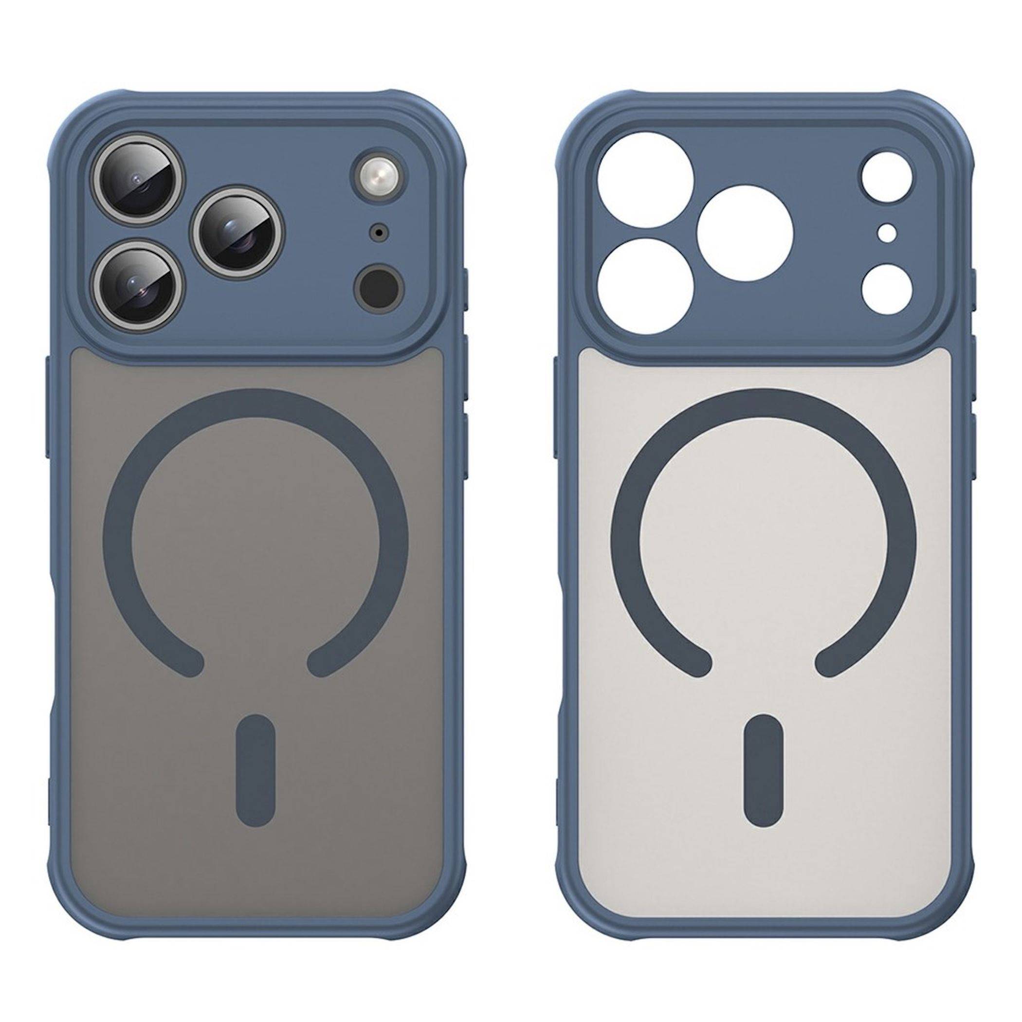 Zwei Ansichten einer Smartphone-Hülle: Rückseite mit drei Kameraausschnitten und Vorderseite mit einem großen kreisförmigen MagSafe-artigen Ring.