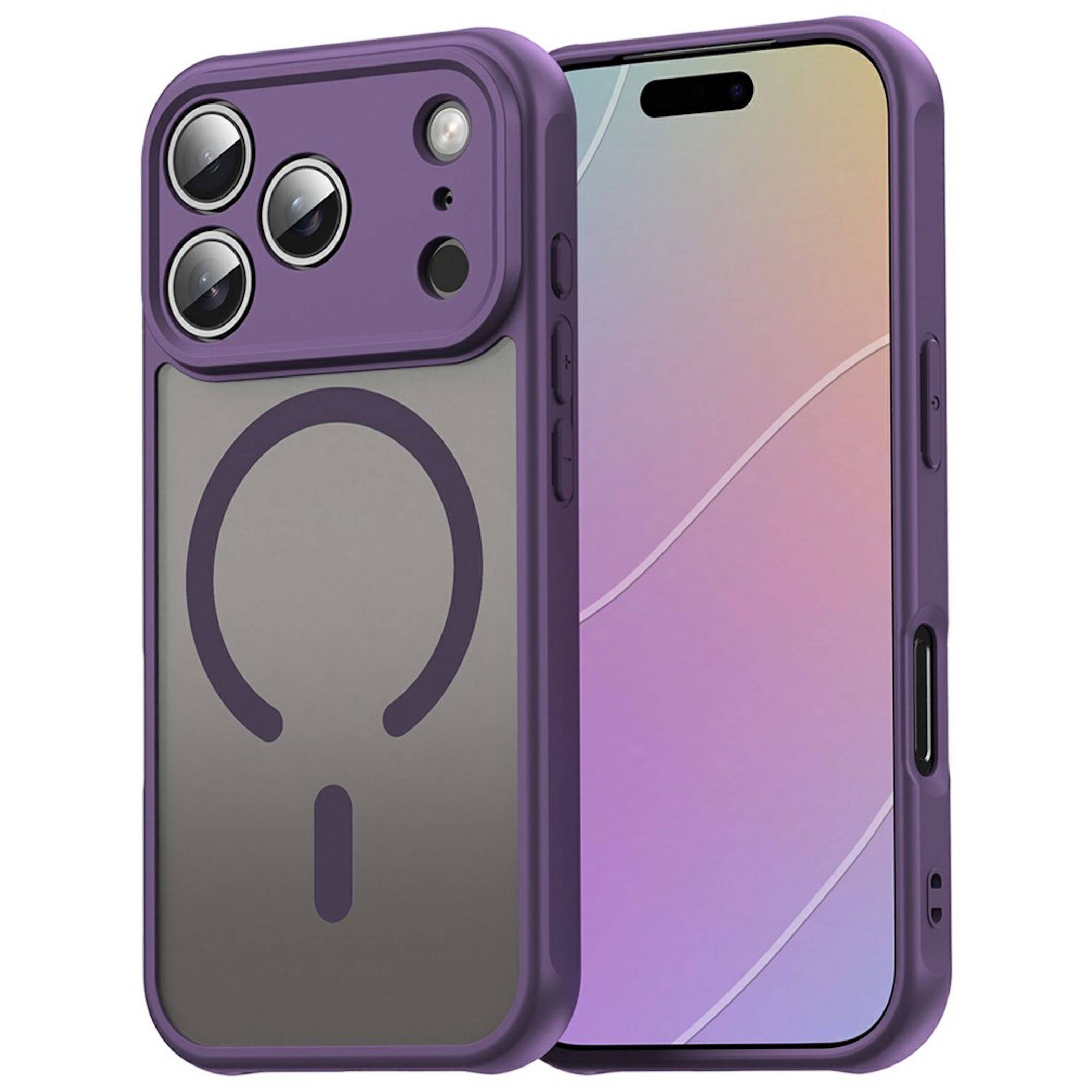 Violette Smartphone-Hüllen von vorne und hinten gezeigt, eine mit einem MagSafe-ähnlichen Kreis auf der Rückseite und Ausschnitten für eine Dreifach-Kamera-Telefon.