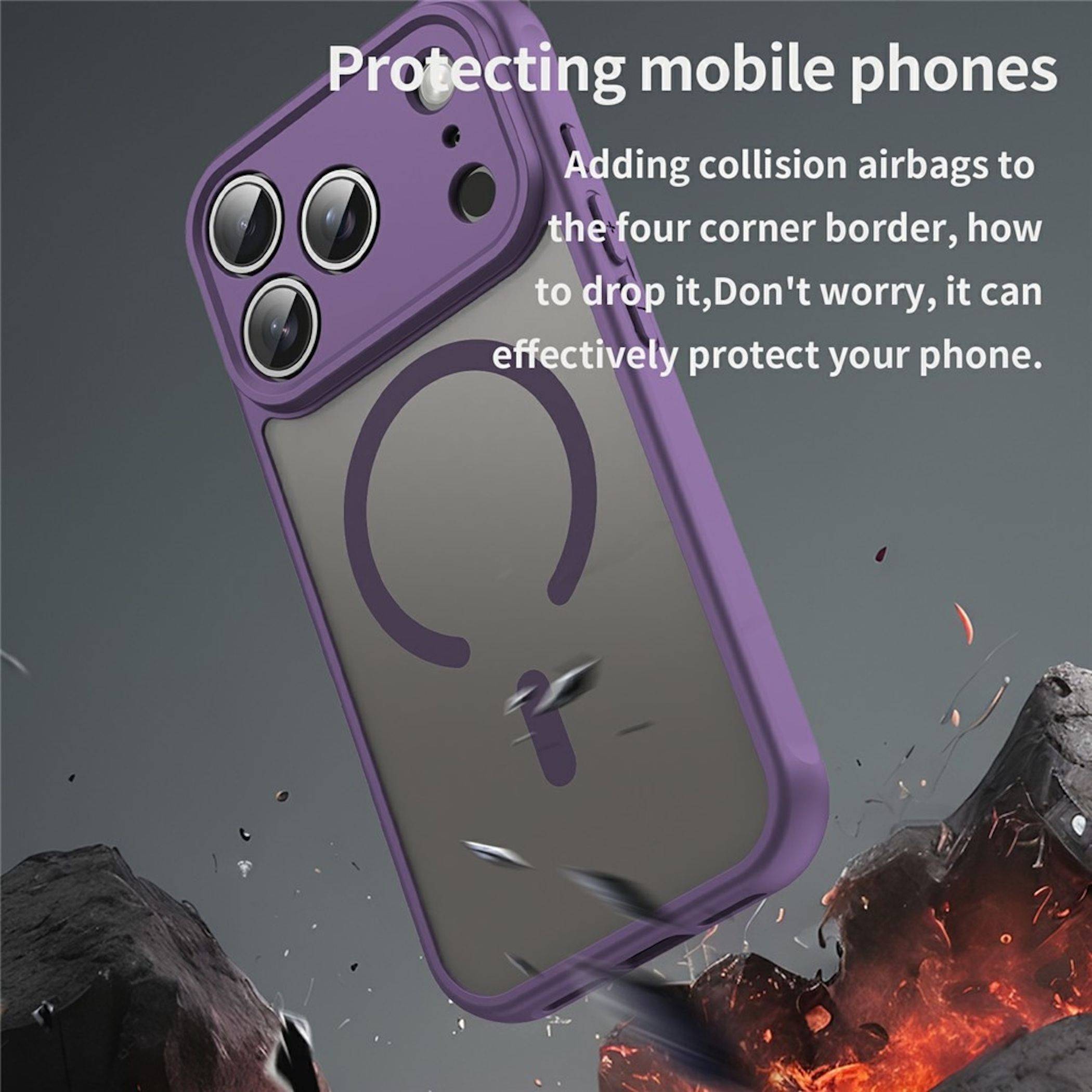 Werbebild eines violetten Smartphone-Schutzhüllengehäuses mit erhöhtem Eckenschutz, das dargestellt wird, wie es Stöße absorbiert, während Trümmer fliegen; der Text lautet „Schutz von Mobiltelefonen