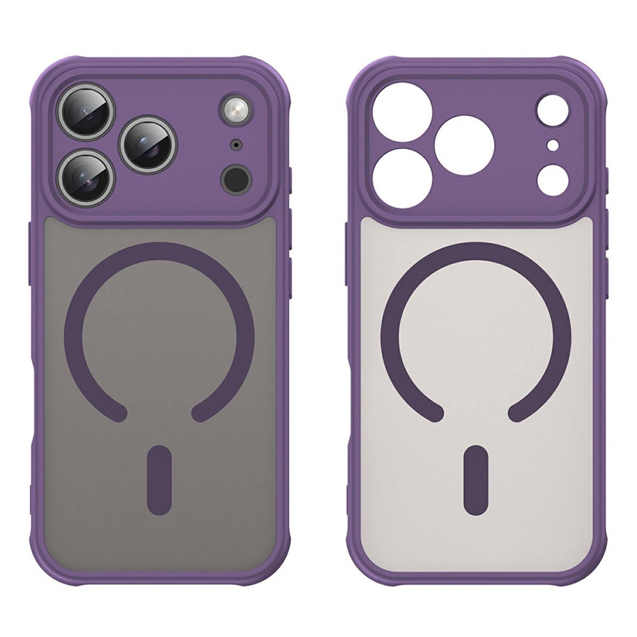 Zwei violette Smartphone-Hüllen, von vorne und von hinten gezeigt; beide haben einen großen MagSafe-ähnlichen Ring auf der Rückseite und einen erhöhten Kameraausschnittbereich.