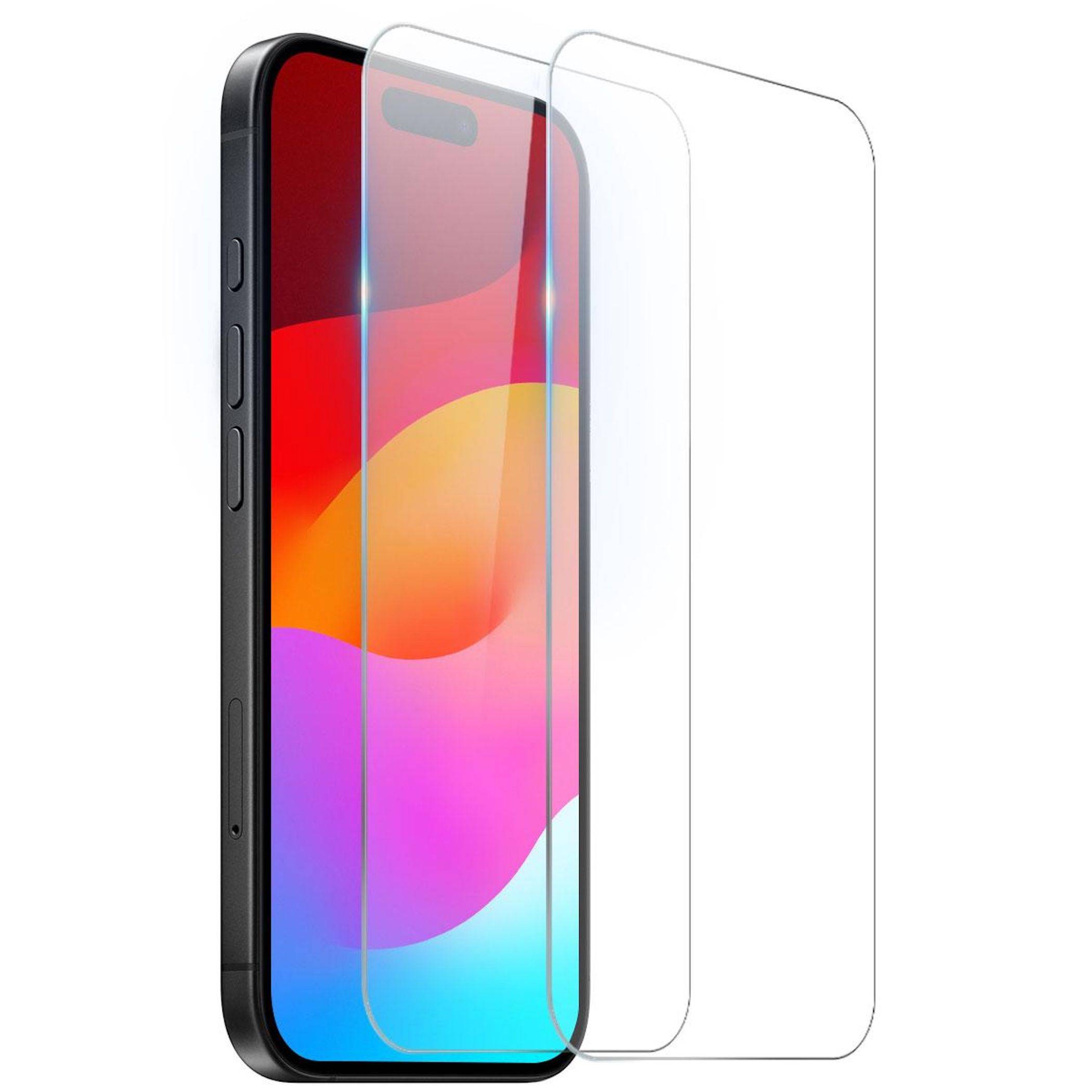 Schwarzes Smartphone von vorne und von der Seite gezeigt mit zwei klaren Displayschutzfolien, die über dem Display ausgerichtet sind und einen gehärteten Glas-Displayschutz für Telefone zeigen.