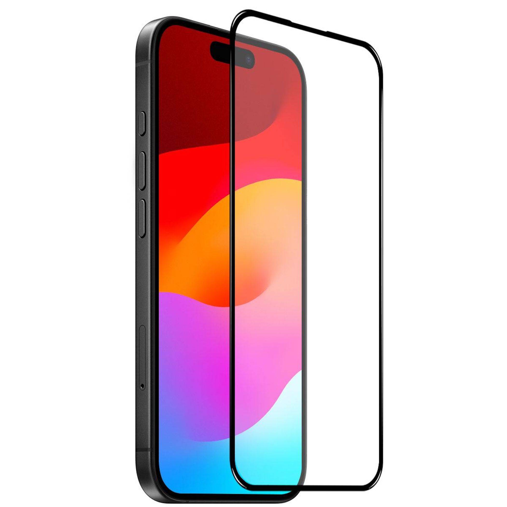 Smartphone mit einer schwarzen, randlosen Displayschutzfolie, die vor dem Display ausgerichtet ist, auf weißem Hintergrund dargestellt.