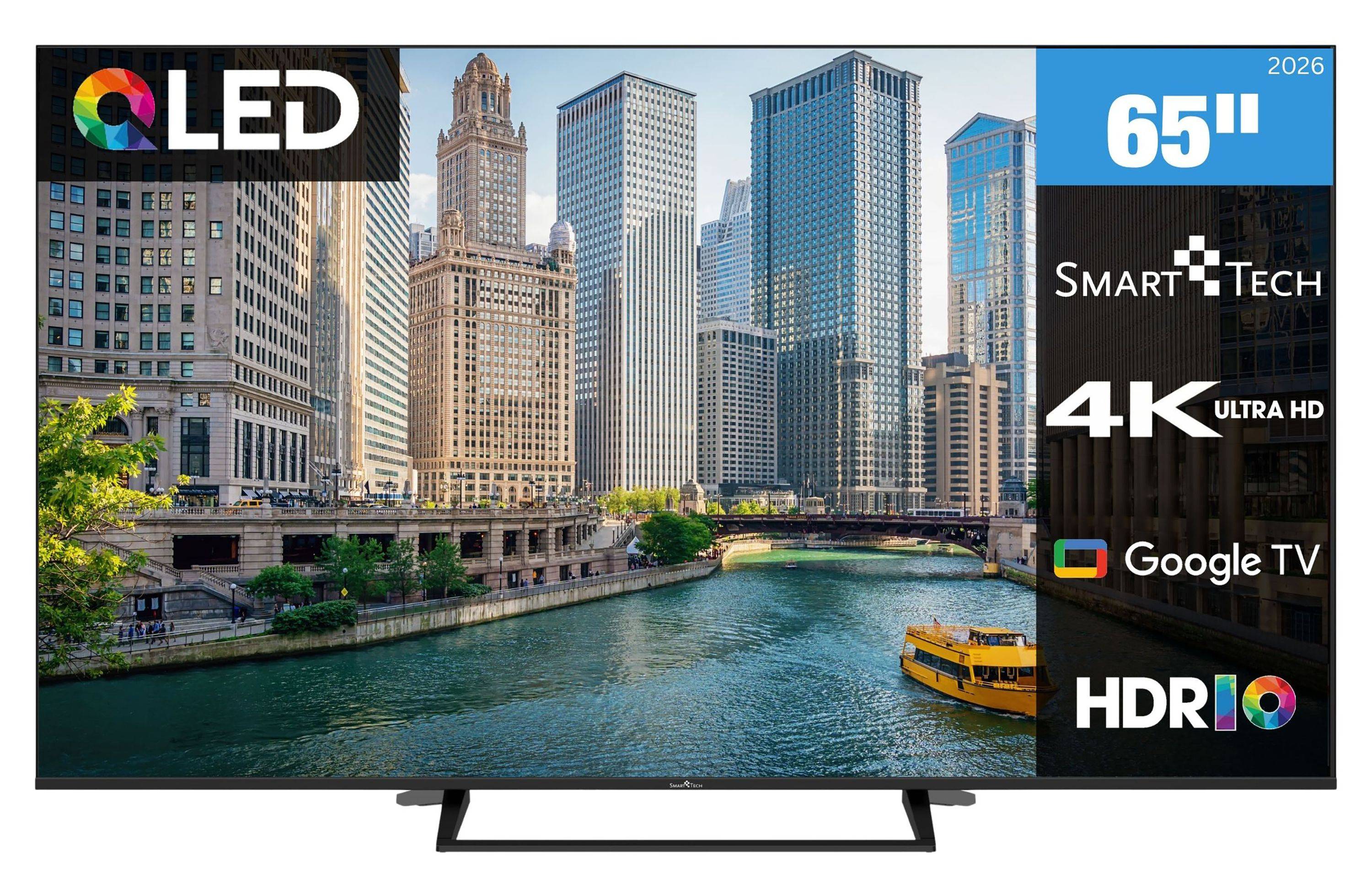 65-Zoll Smart Tech 4K Ultra HD LED Google TV mit HDR10, zeigt eine Stadtflussuferszenerie.