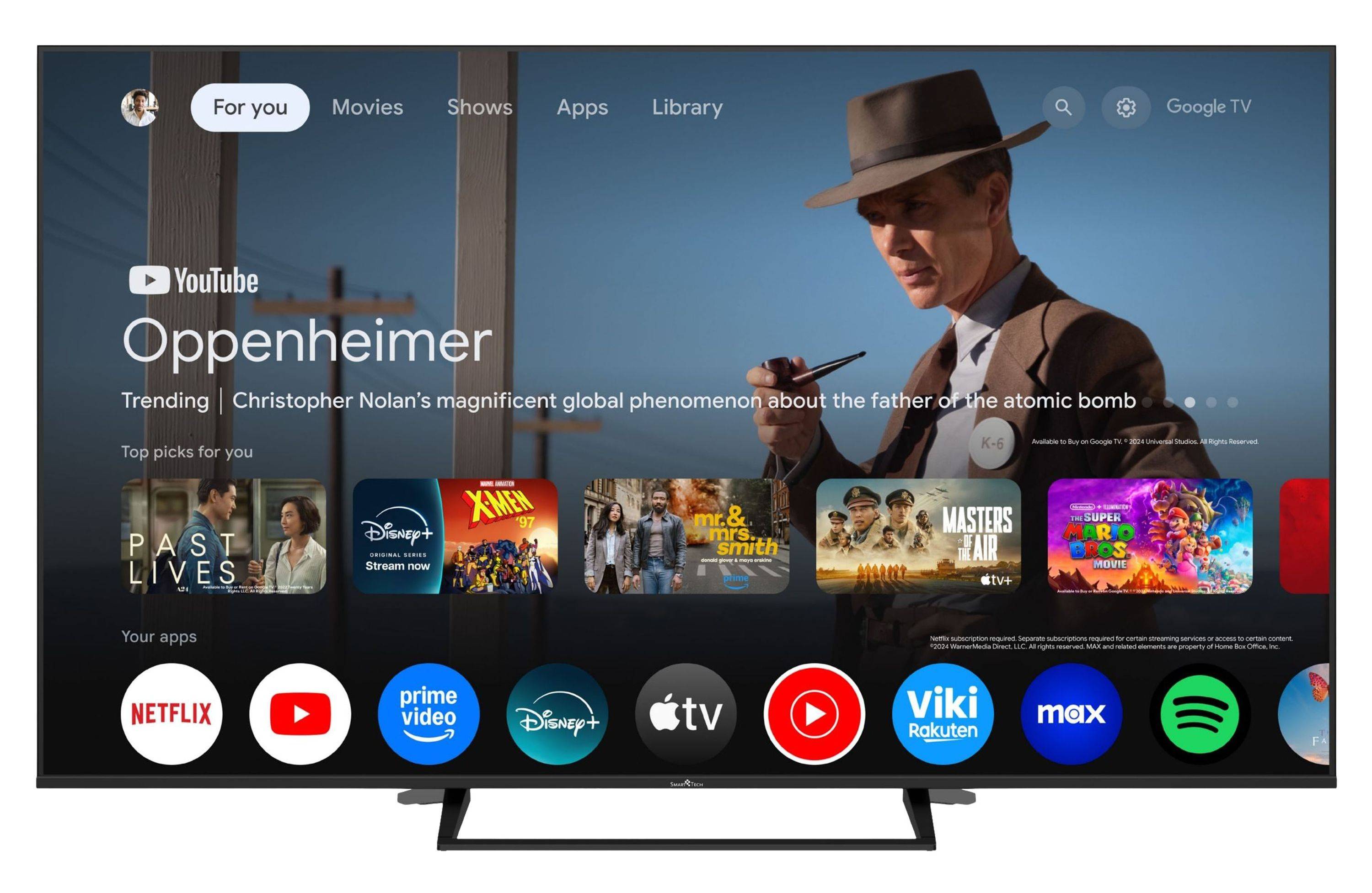 Google TV Startbildschirm auf einem Fernsehgerät mit YouTube und dem hervorgehobenen Film „Oppenheimer