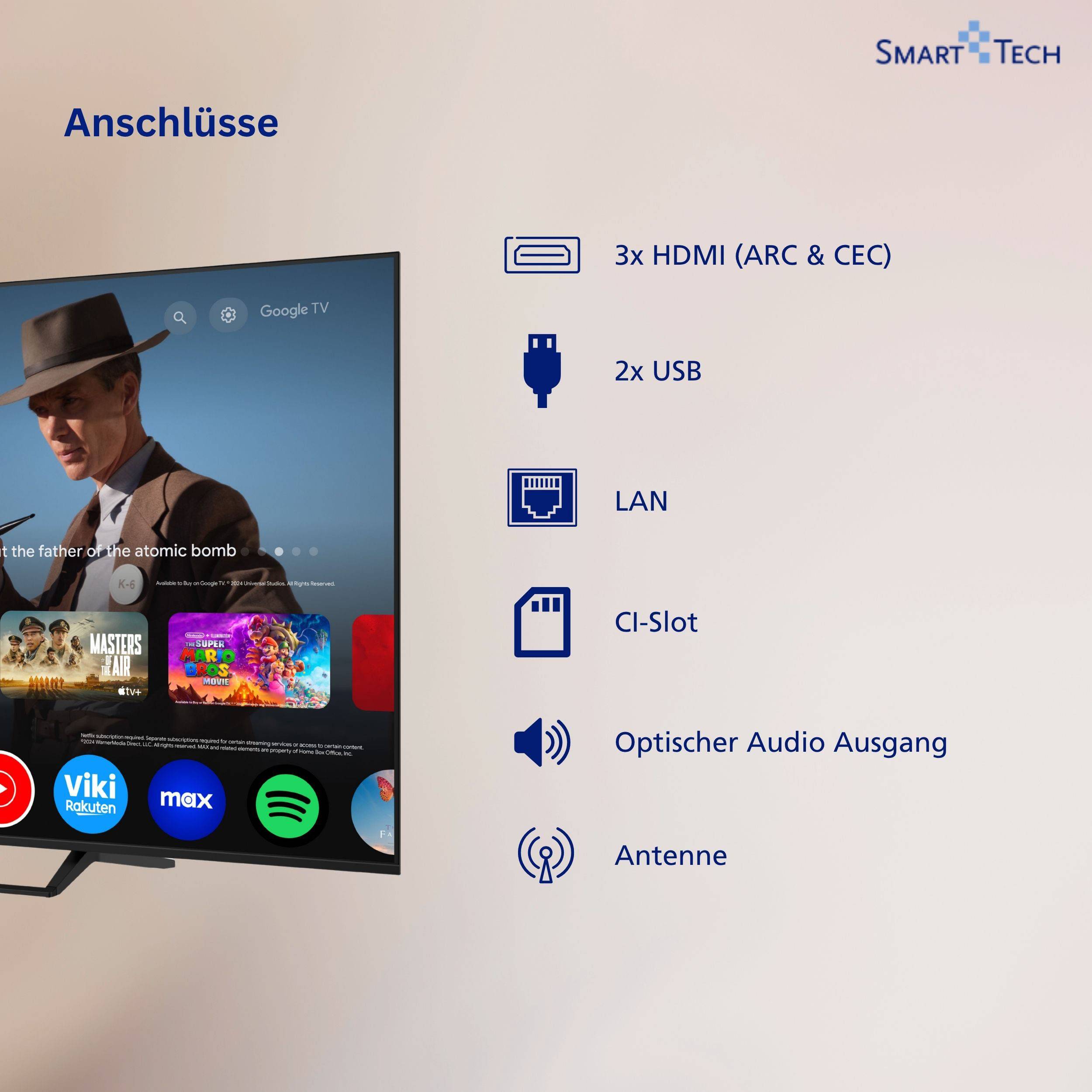 Smart Tech TV-Verbindungsliste mit 3 HDMI (ARC & CEC), 2 USB, LAN, CI-Slot, optischer Audioausgang und Antenne neben einem TV-Bild.