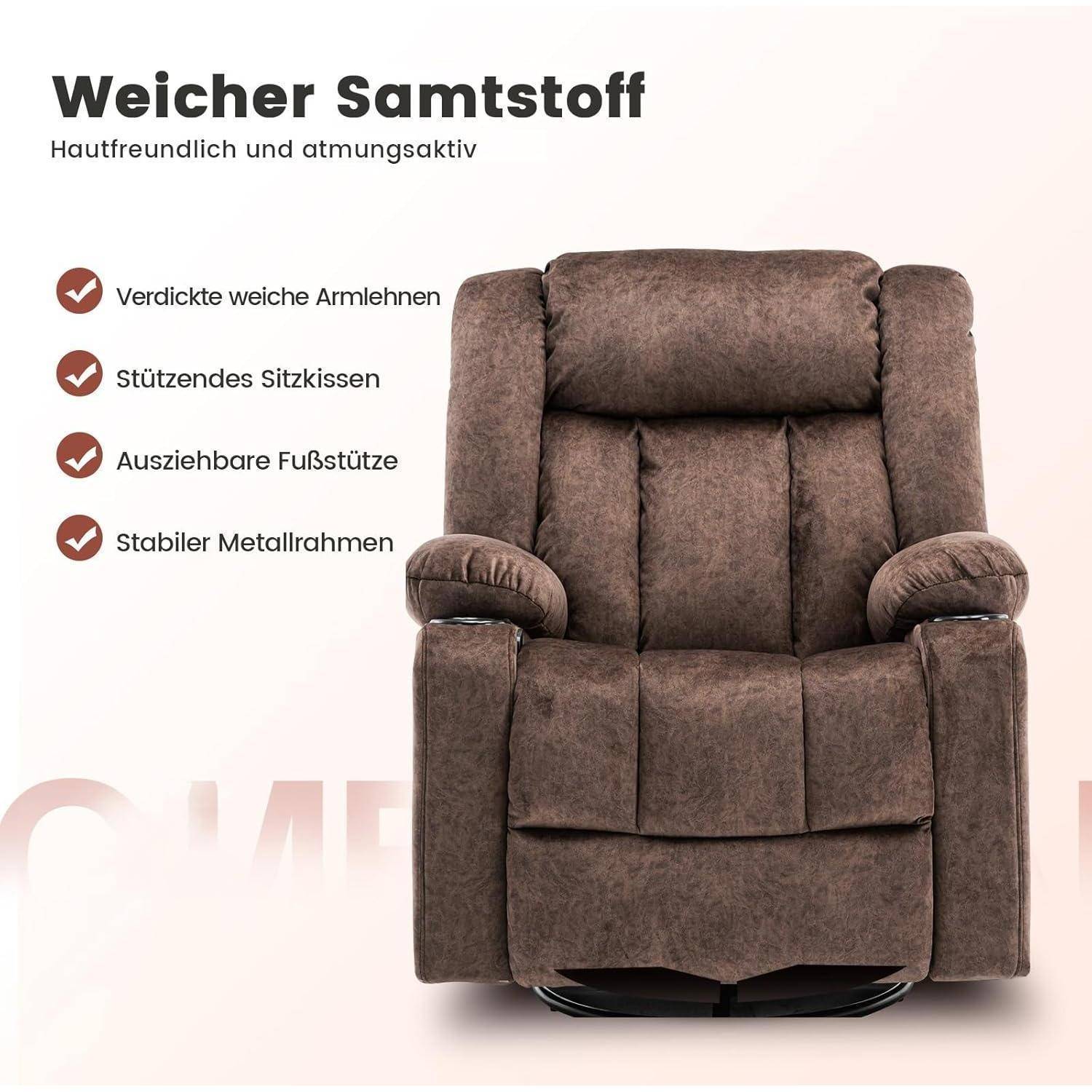COMHOMA Drehsessel mit Fußstütze und Getränkehalter Braun