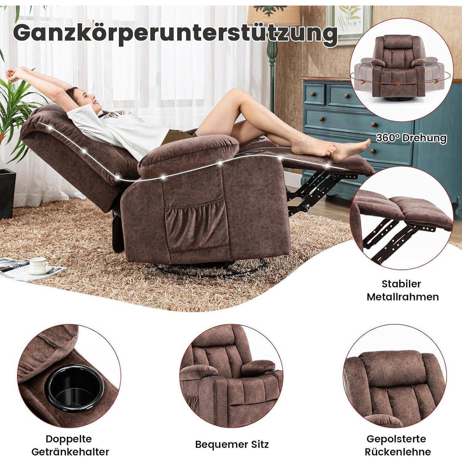 COMHOMA Drehsessel mit Fußstütze und Getränkehalter Braun