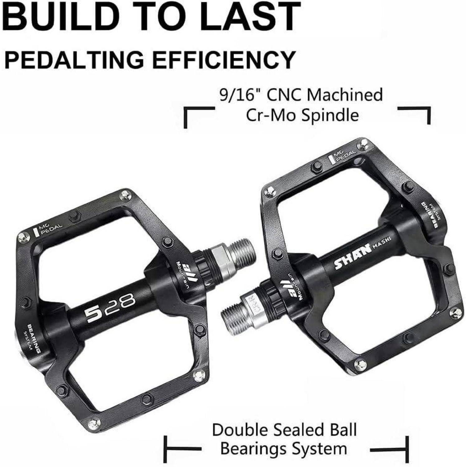 Produktanzeige mit zwei schwarzen Fahrradpedalen und Text 'GEBAUT FÜR LANGLEBIGKEIT', 'TRITTEFFIZENZ', '9/16" CNC-bearbeitete Cr-Mo-Achse', und 'Doppeltes versiegeltes Kugellager-System'.