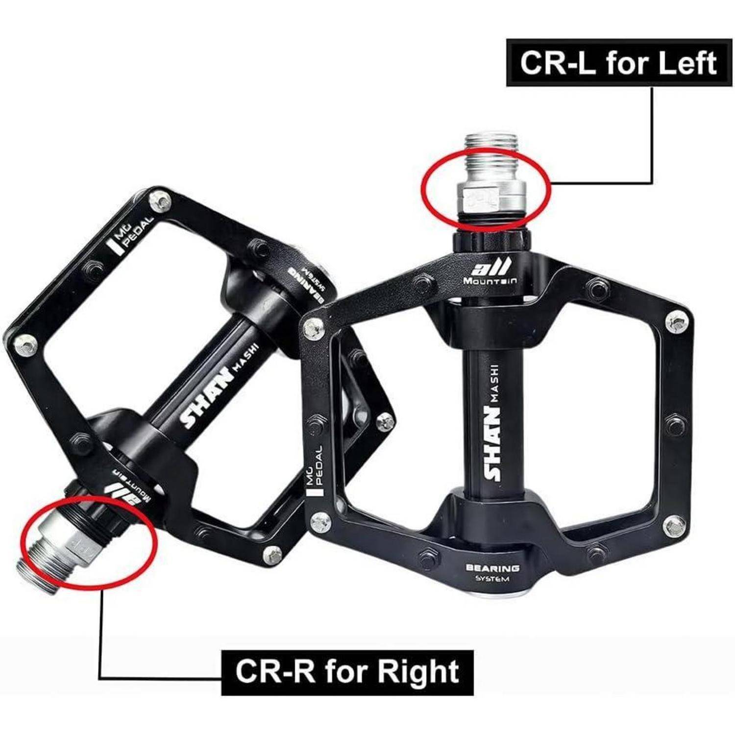 Zwei schwarze Fahrradpedale mit den Bezeichnungen „CR-L für Links" und „CR-R für Rechts"", mit roten Kreisen, die die Gewinde des linken und rechten Pedals hervorheben.
