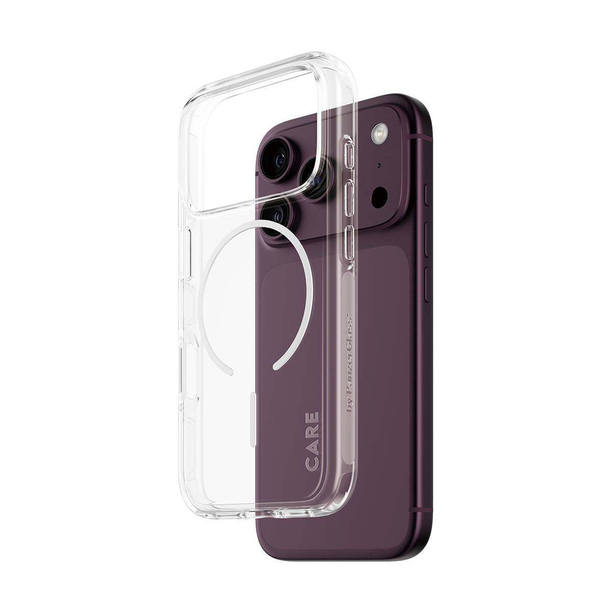 Violettes Smartphone mit transparenter Schutzhülle mit MagSafe-Ring und Aussparungen für die Kamera und Tasten.