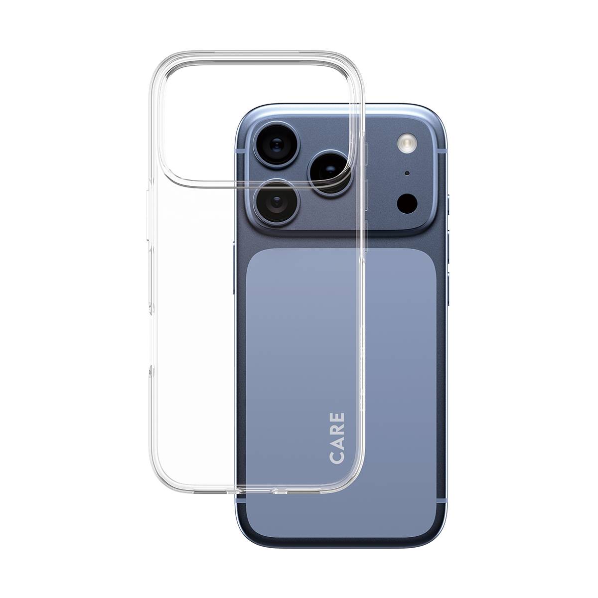Blaues Smartphone mit durchsichtiger Schutzhülle teilweise überlagert, das die rückwärtige Kamera und das 