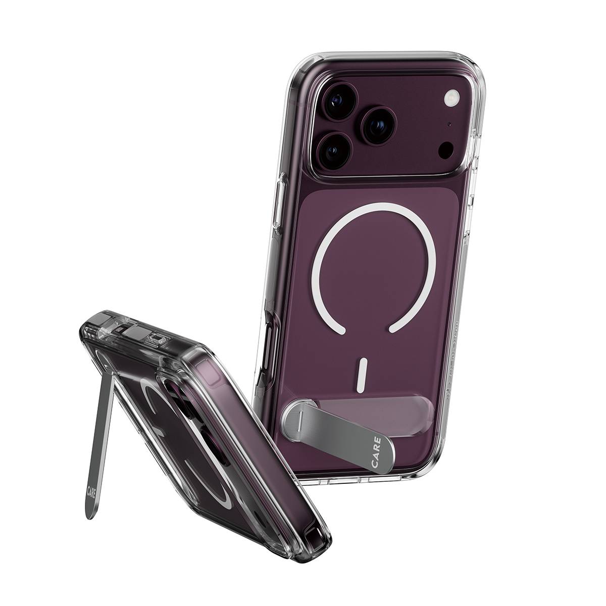 Zwei Ansichten eines lila Smartphones in einer transparenten Schutzhülle mit integriertem MagSafe-Ring und ausklappbarem Ständer.