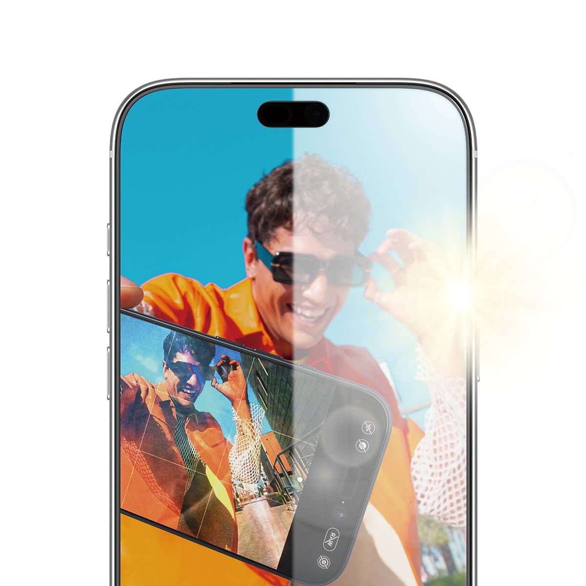 Smartphone-Bildschirm, der einen Mann mit Sonnenbrille zeigt, der sich selbst in hellem Sonnenlicht fotografiert, mit einem Kamera-Sucher, der auf dem Telefon angezeigt wird.