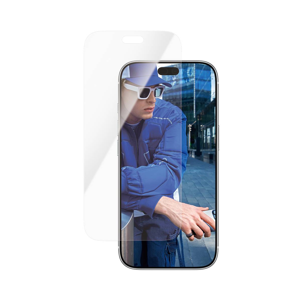 Smartphone mit einer Person in einer blauen Jacke und weißen Sonnenbrillen, mit einer klaren Schutzfolie, die teilweise über dem Display zurückgezogen ist.