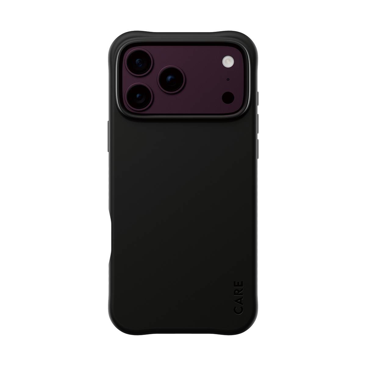 Schwarze Smartphone-Hülle mit erhöhener Kameraaussparung, auf weißem Hintergrund gezeigt.