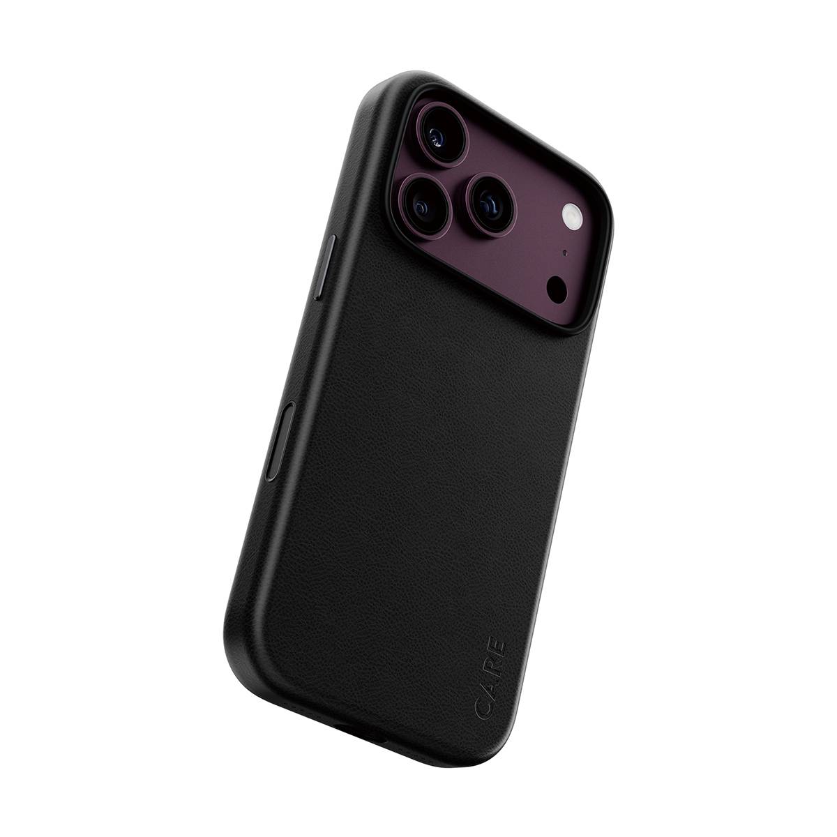 Schwarzes iPhone-ähnliches Smartphone in einer Schutzhülle, von hinten gezeigt mit einem dreifachen Kameraausschnitt.